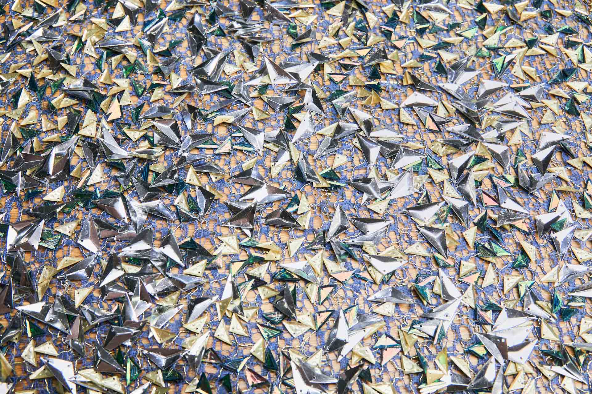 Triangular Silver, Green and Gold Sequins on Blue Mesh fabric, image 2 of 8