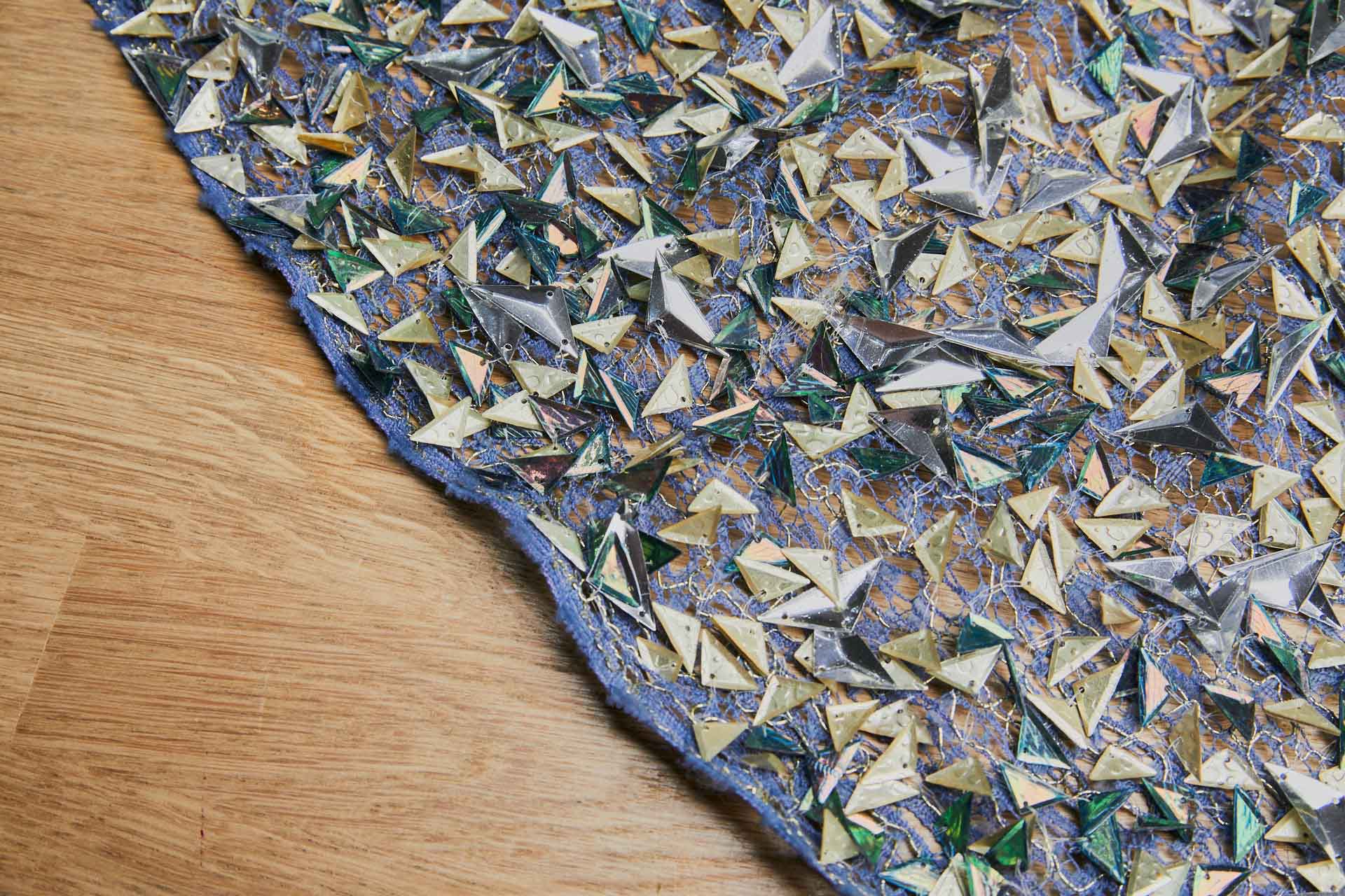 Triangular Silver, Green and Gold Sequins on Blue Mesh fabric, image 4 of 8