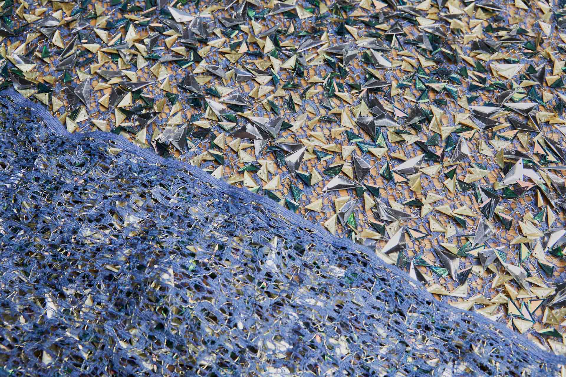 Triangular Silver, Green and Gold Sequins on Blue Mesh fabric, image 5 of 8