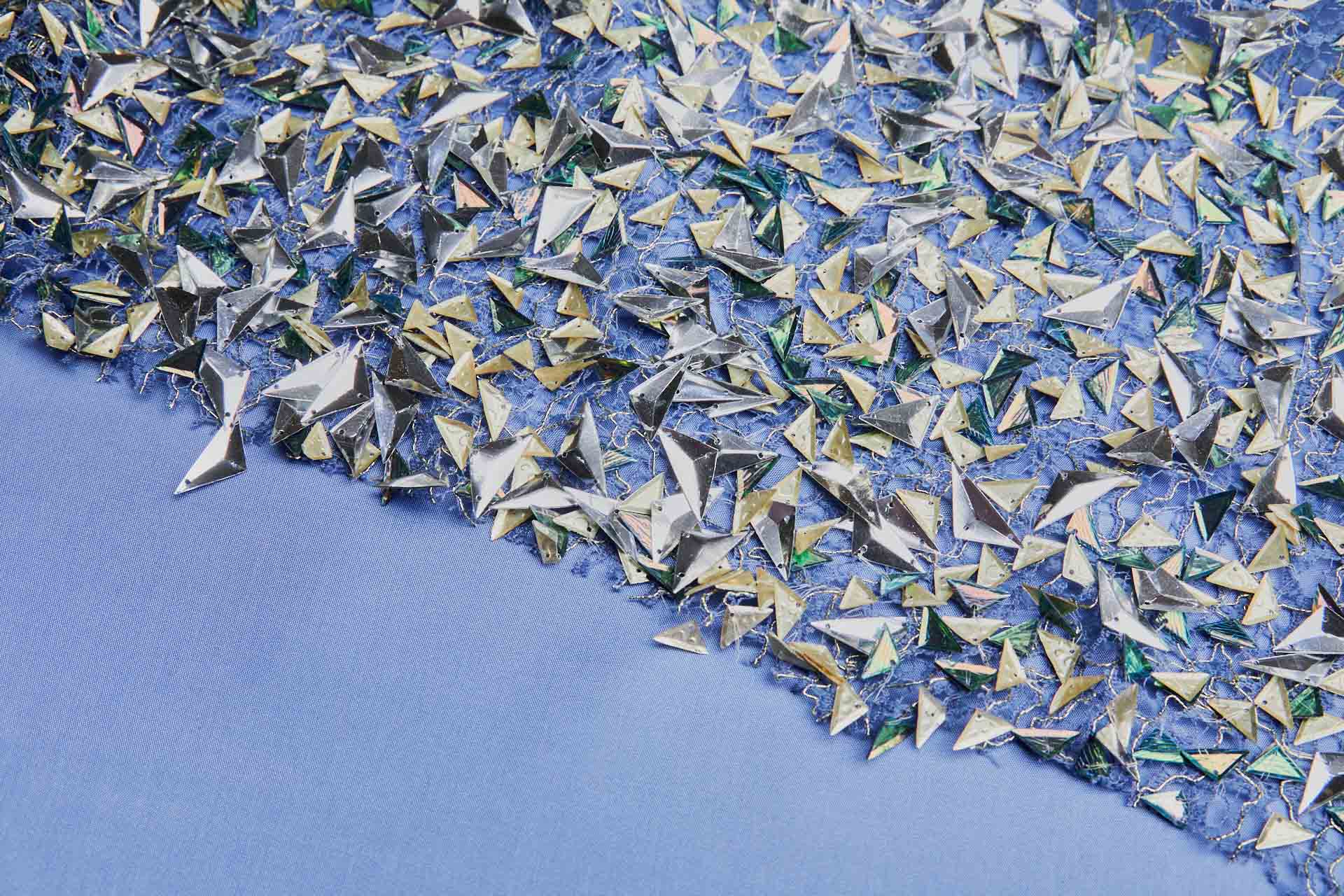 Triangular Silver, Green and Gold Sequins on Blue Mesh fabric, image 6 of 8