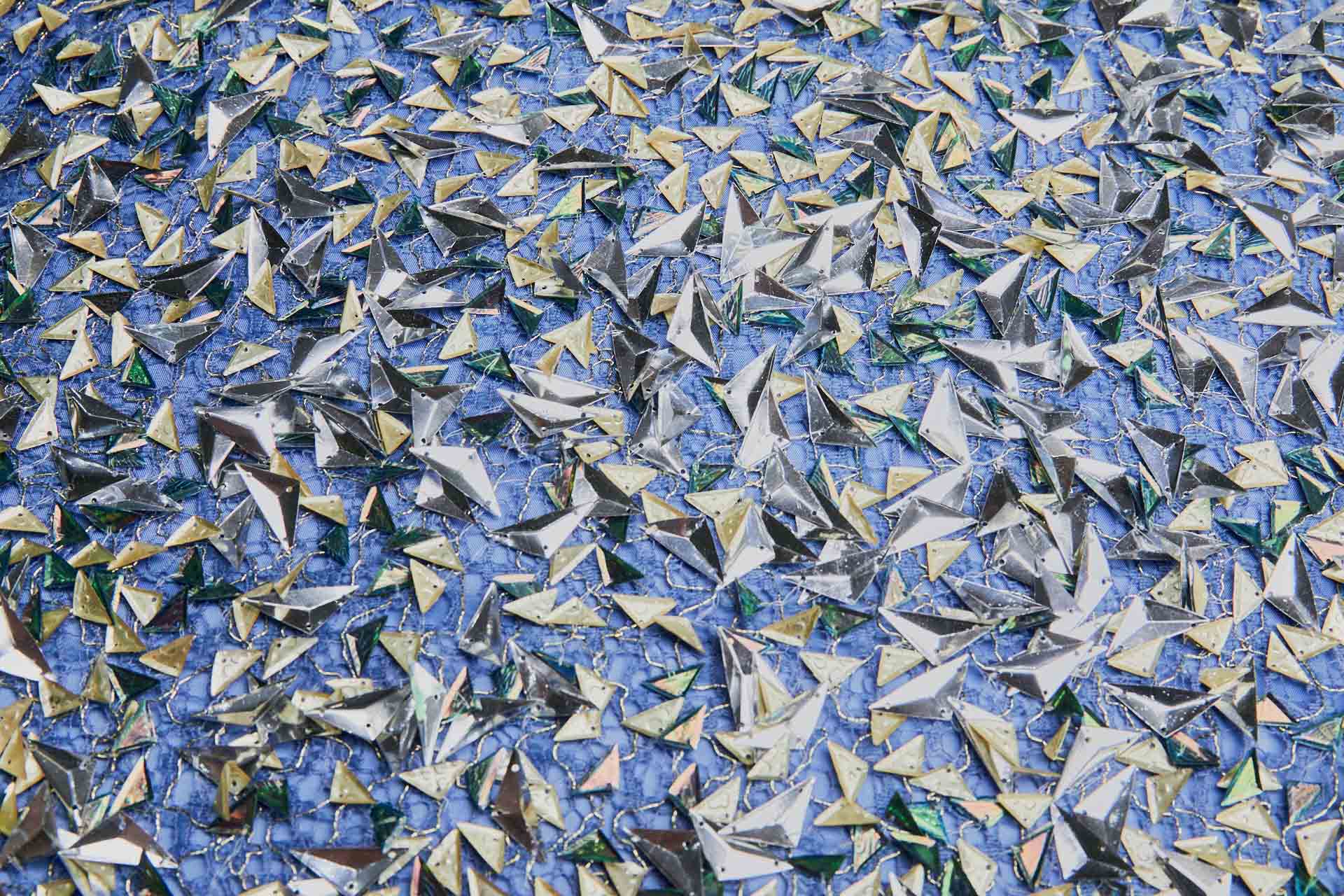 Triangular Silver, Green and Gold Sequins on Blue Mesh fabric, image 7 of 8