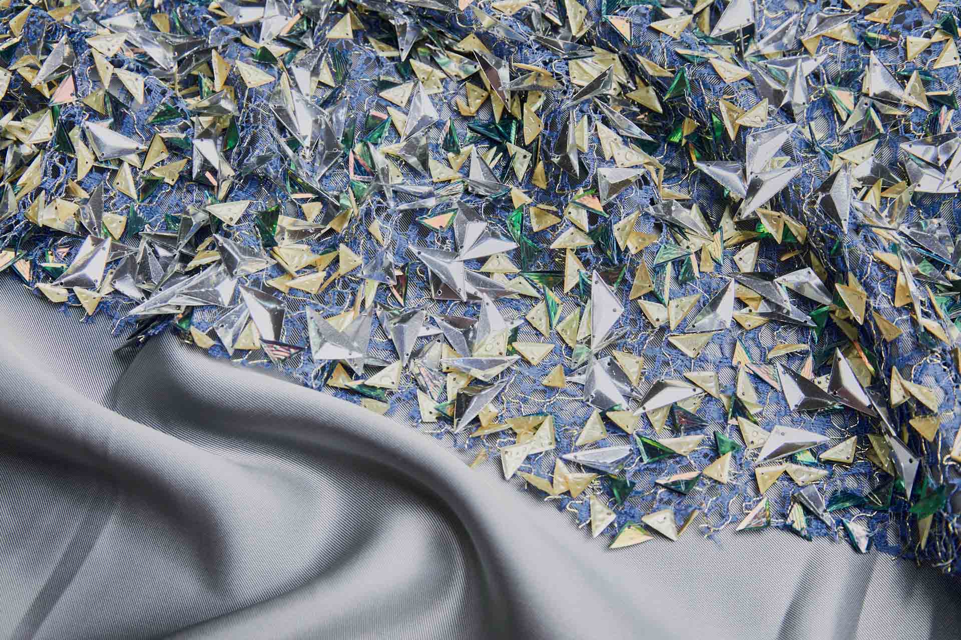 Triangular Silver, Green and Gold Sequins on Blue Mesh fabric