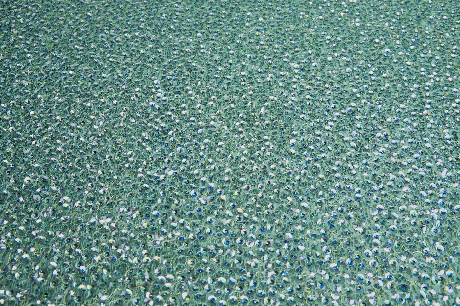 Peacock and Silver Sequins on Teal and Gold Mesh and Teal Silk Chiffon fabric, image 2 of 6