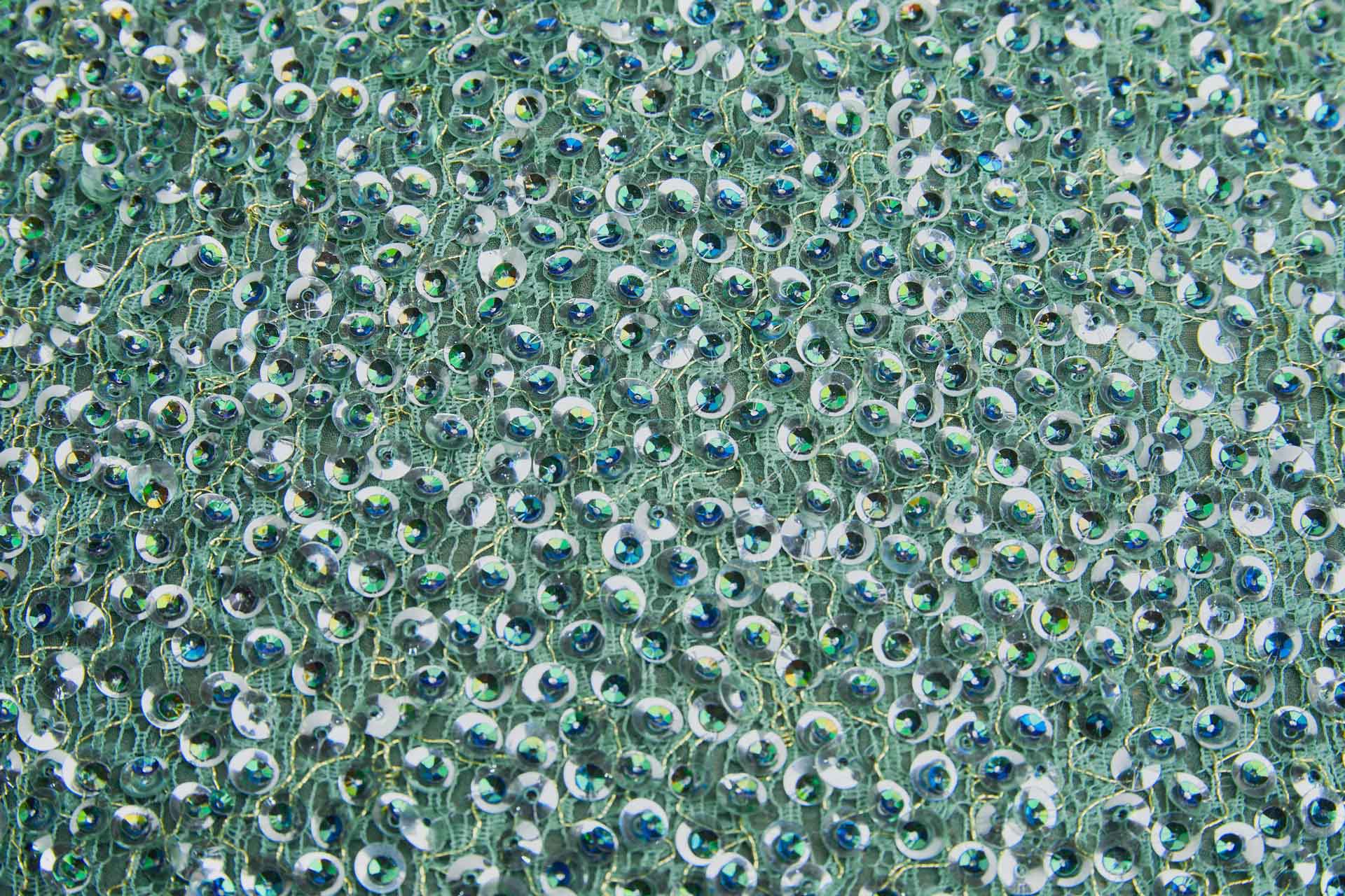 Peacock and Silver Sequins on Teal and Gold Mesh and Teal Silk Chiffon fabric, image 3 of 6