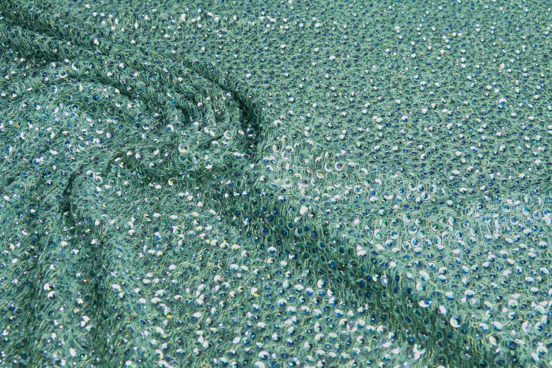 Peacock and Silver Sequins on Teal and Gold Mesh and Teal Silk Chiffon fabric