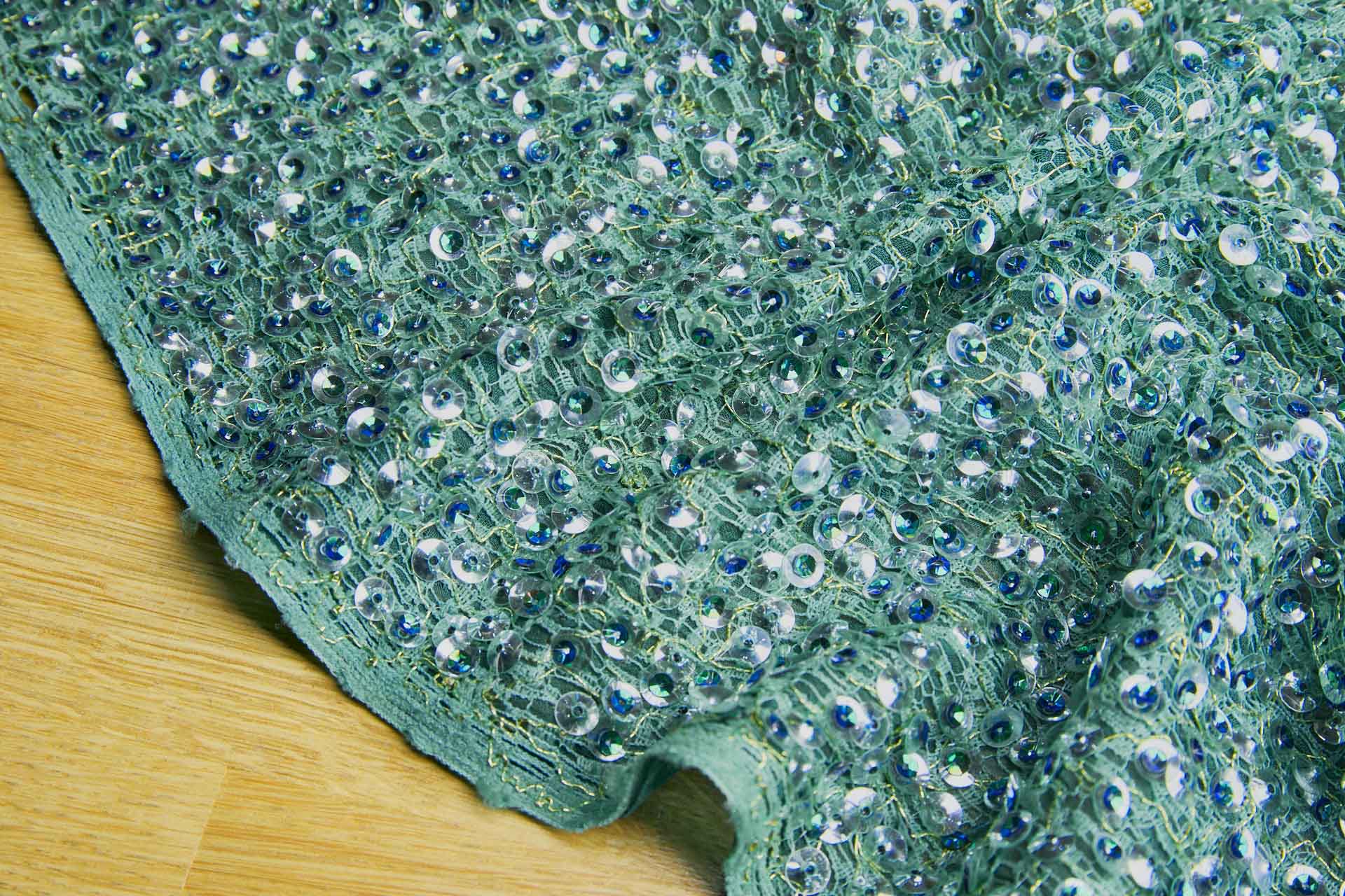 Peacock and Silver Sequins on Teal and Gold Mesh and Teal Silk Chiffon fabric, image 4 of 6