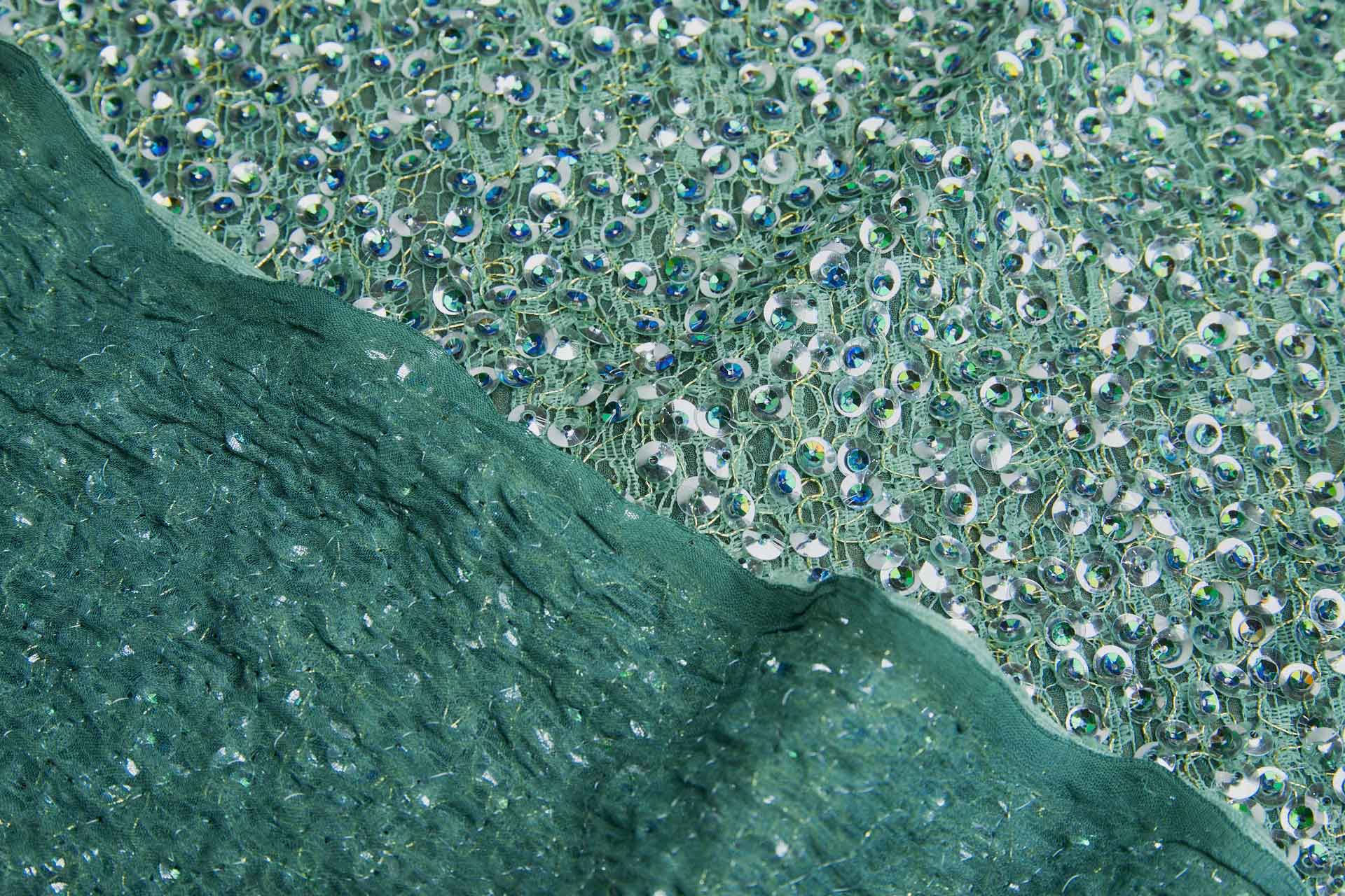 Peacock and Silver Sequins on Teal and Gold Mesh and Teal Silk Chiffon fabric, image 5 of 6