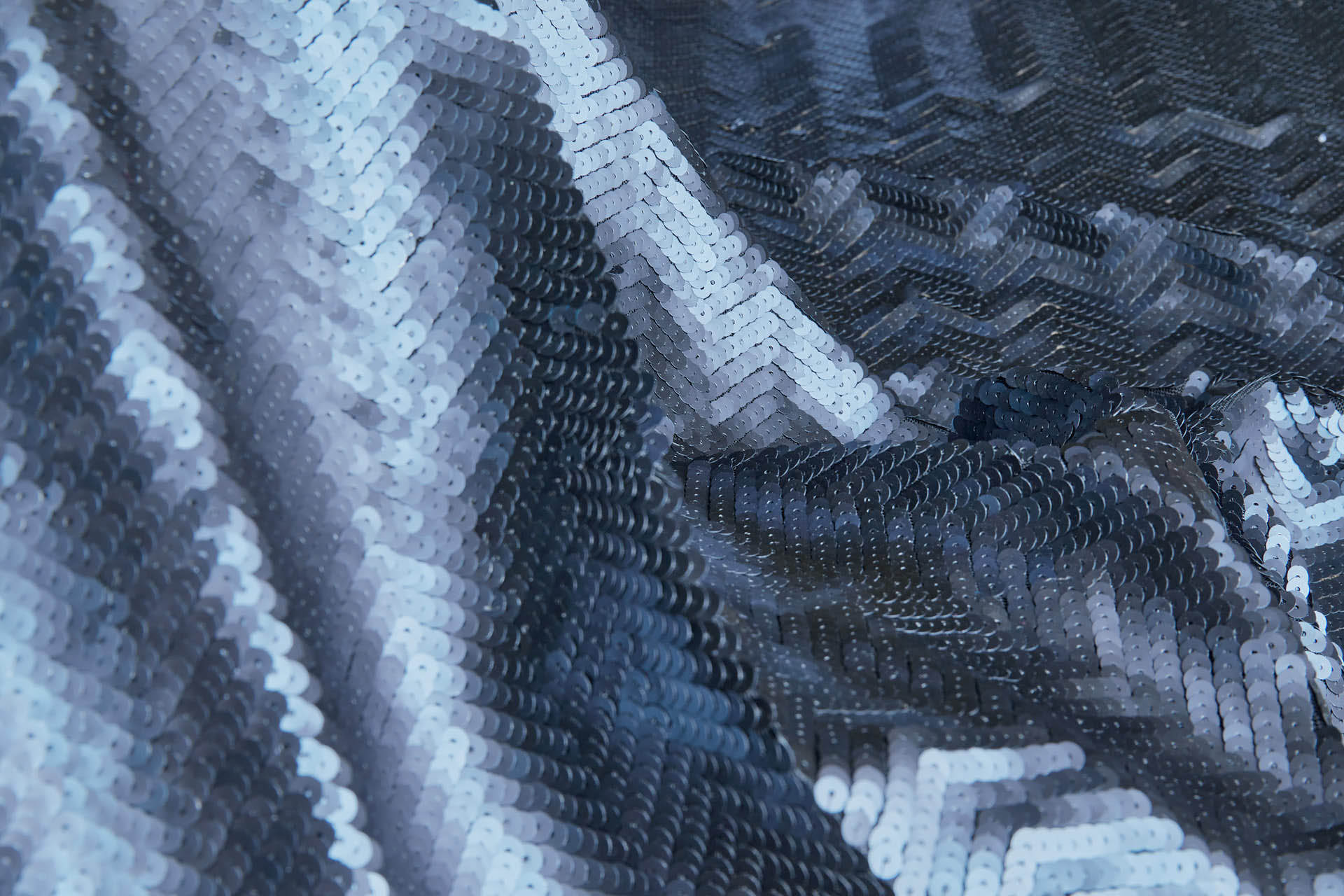 Metallic Prussian Blue Chevron Sequin on Stretch Tulle fabric, image 3 of 9