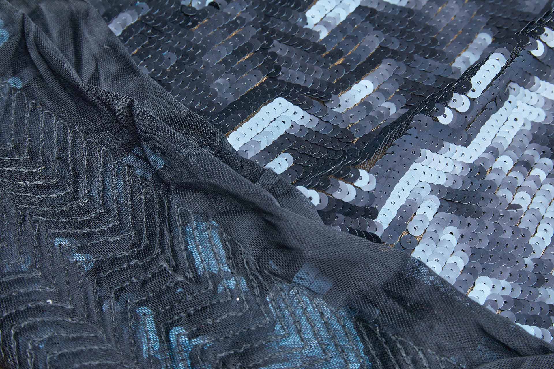 Metallic Prussian Blue Chevron Sequin on Stretch Tulle fabric, image 7 of 9