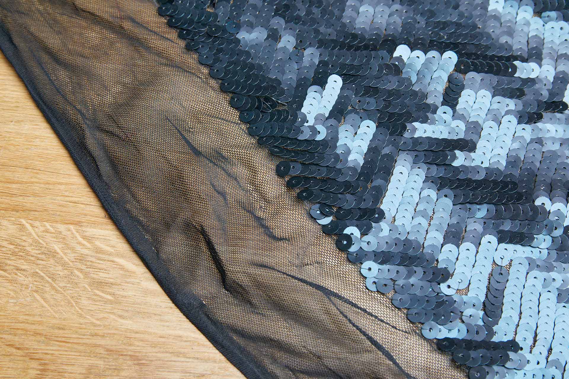 Metallic Prussian Blue Chevron Sequin on Stretch Tulle fabric, image 8 of 9