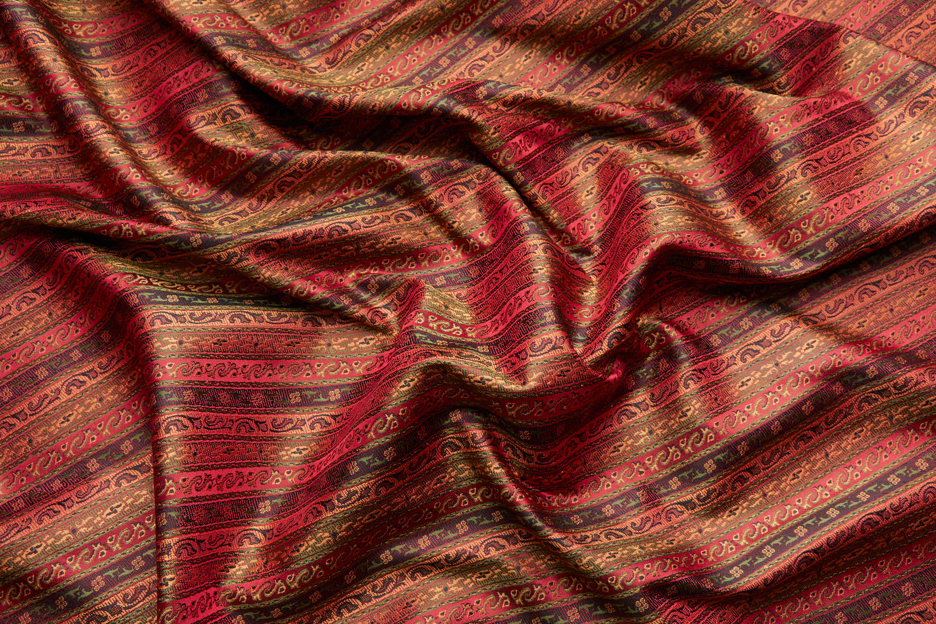 Banaras Brocade - Diagonal Red, Orange & Olive Stripe fabric, image 4 of 8