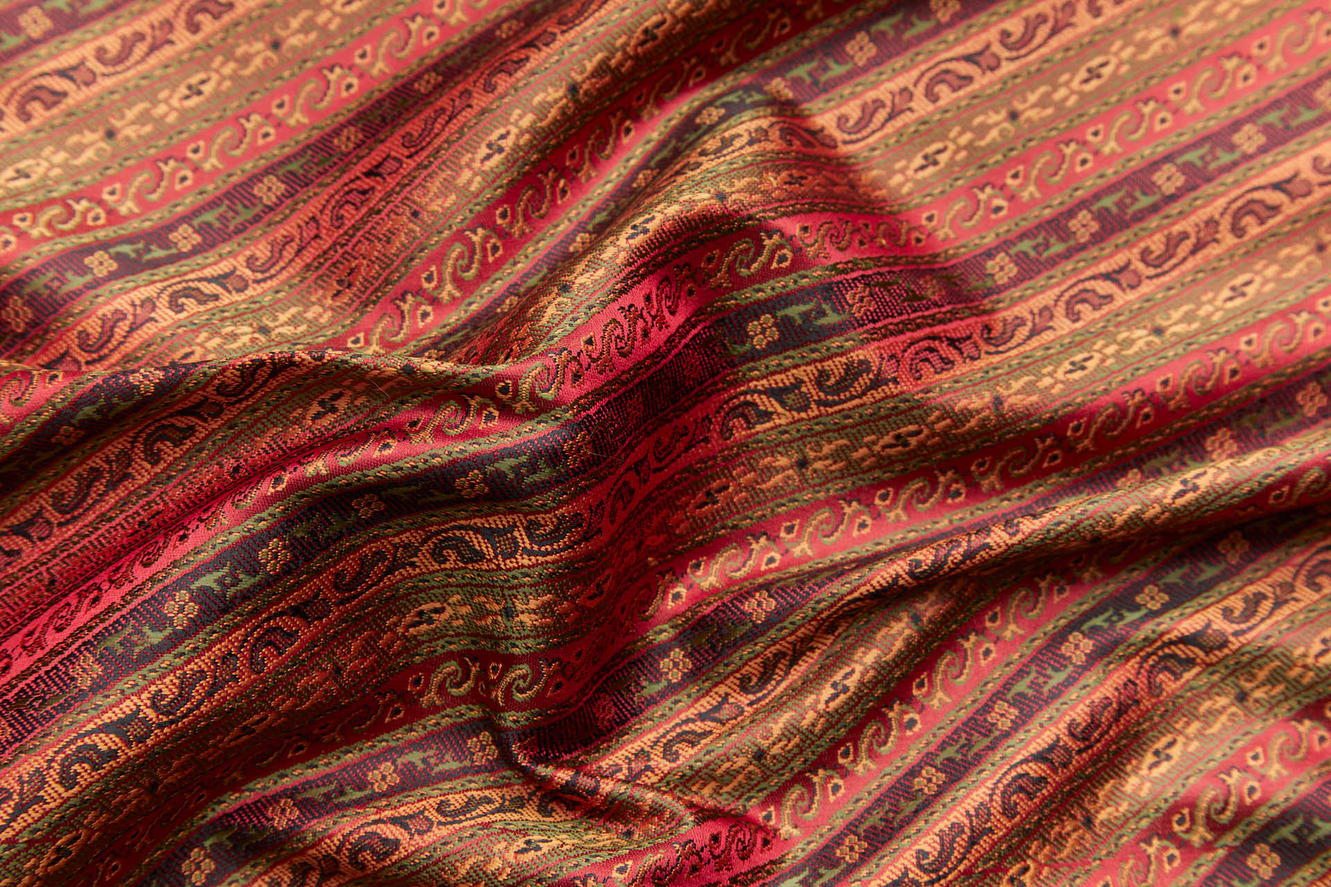 Banaras Brocade - Diagonal Red, Orange & Olive Stripe fabric, image 2 of 8