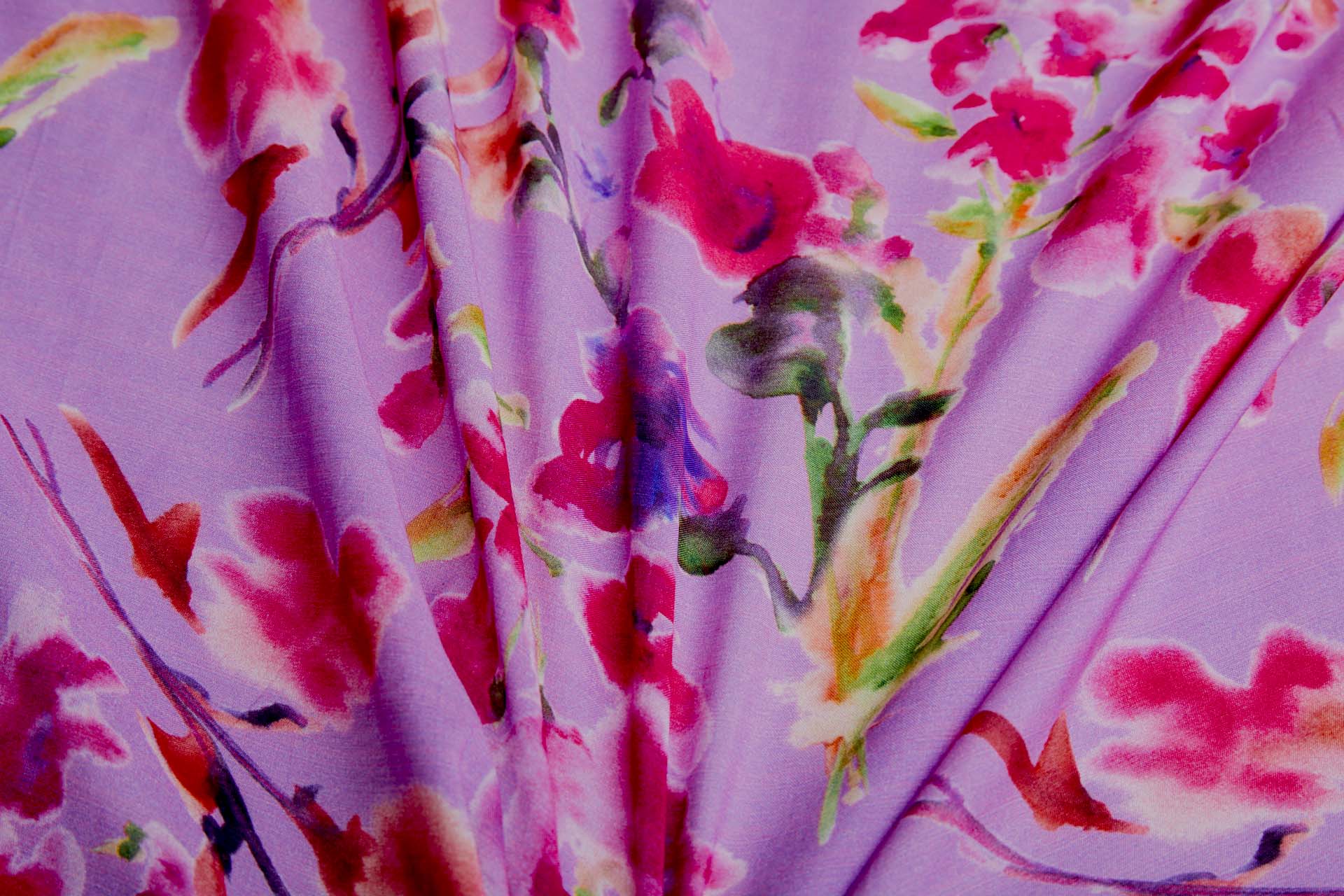 Floral Printed Silk Cotton Blend - Violet Pink w/ Magenta, Pale Pink and Green fabric, image 4 of 7