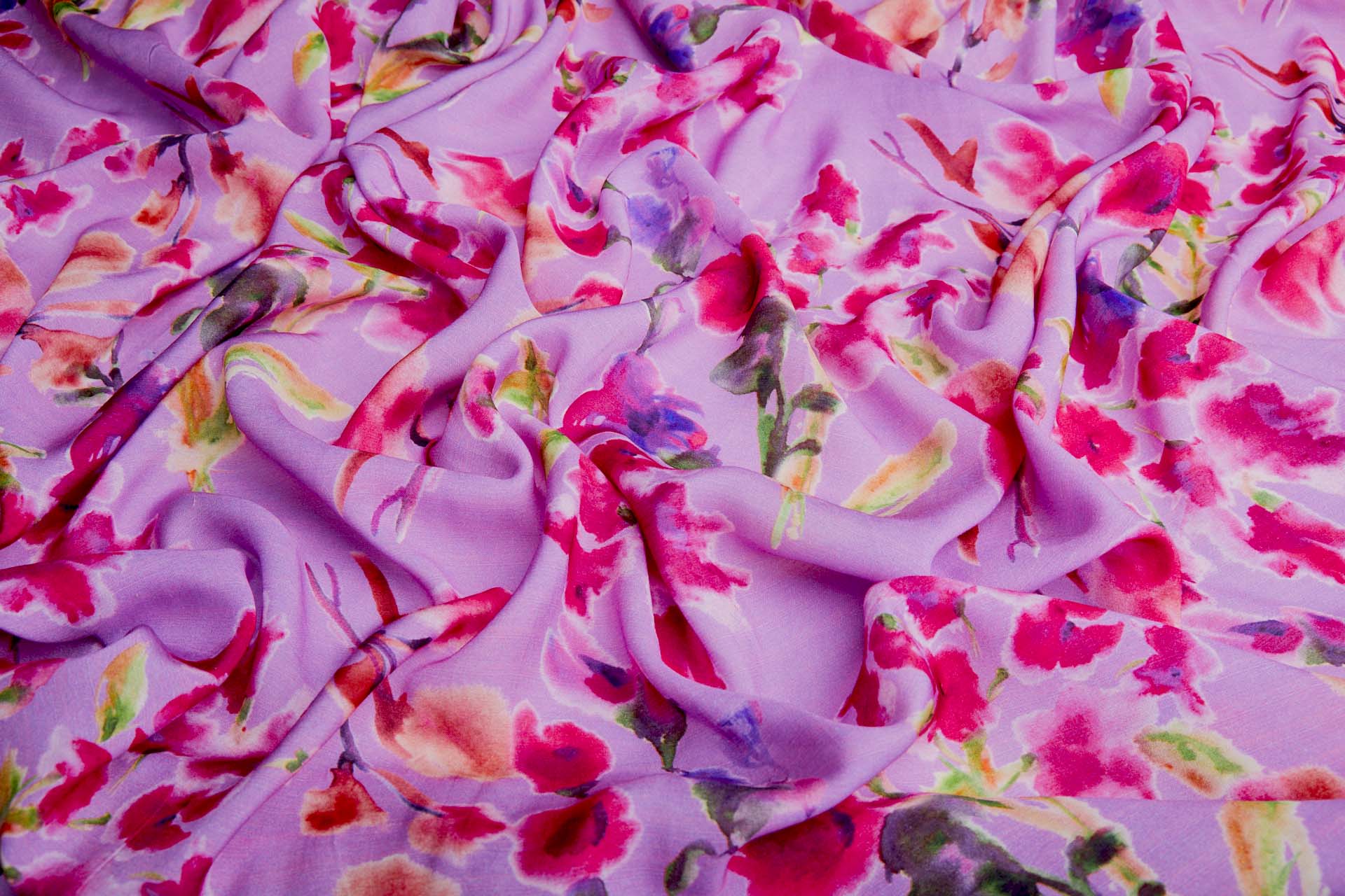 Floral Printed Silk Cotton Blend - Violet Pink w/ Magenta, Pale Pink and Green fabric