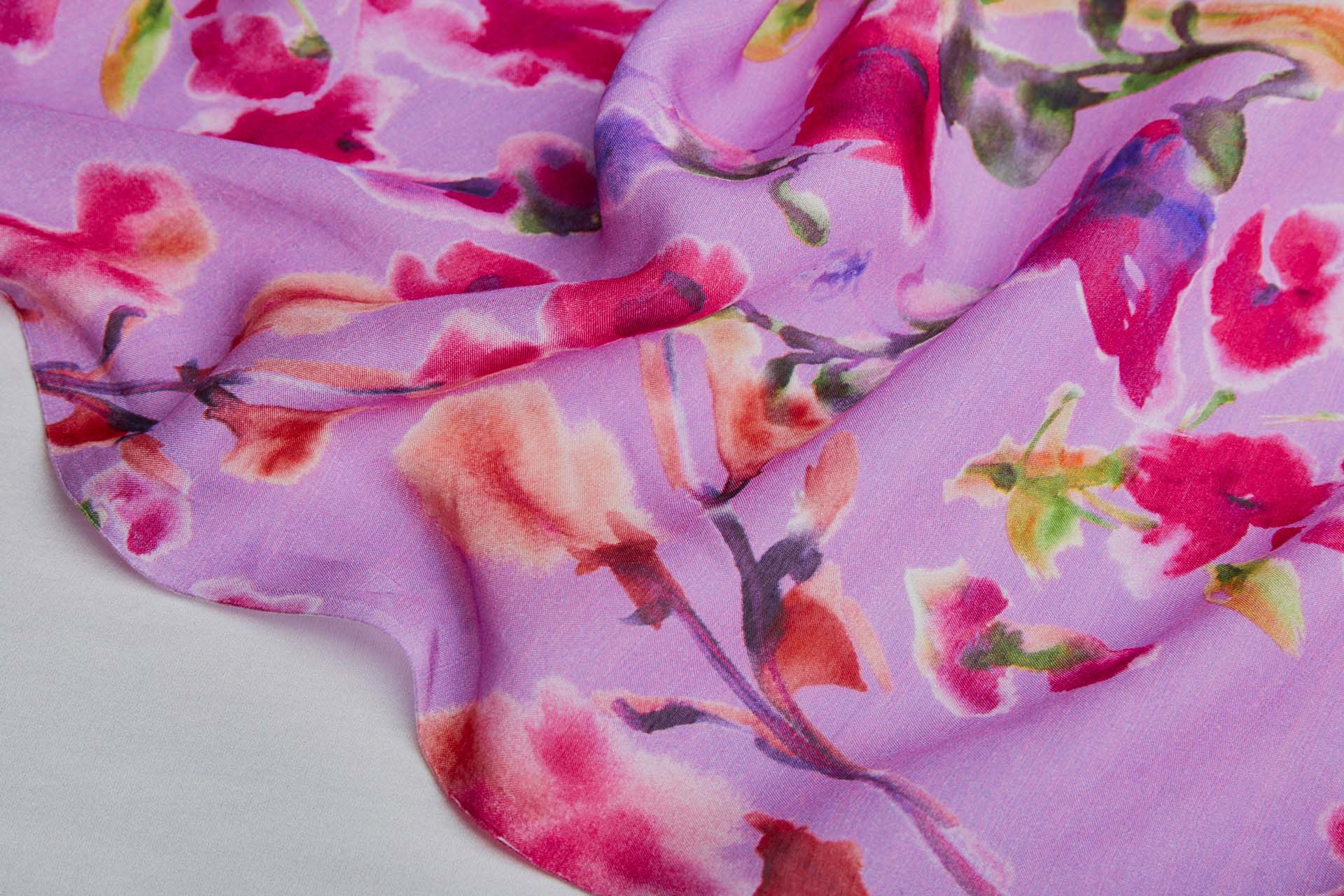 Floral Printed Silk Cotton Blend - Violet Pink w/ Magenta, Pale Pink and Green fabric, image 6 of 7