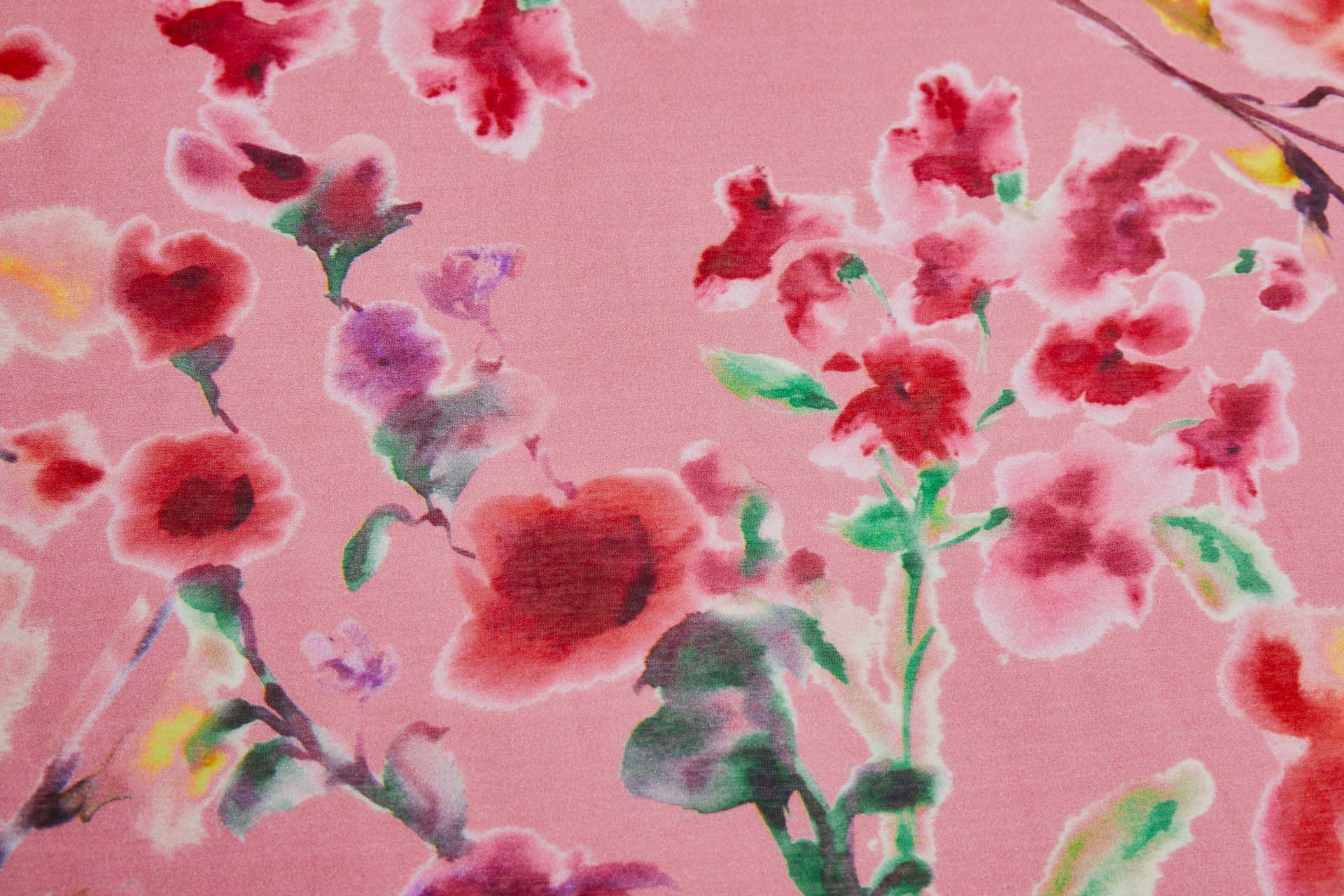 Floral Printed Silk Cotton Blend - Pink w/ Red and Green fabric, image 3 of 8