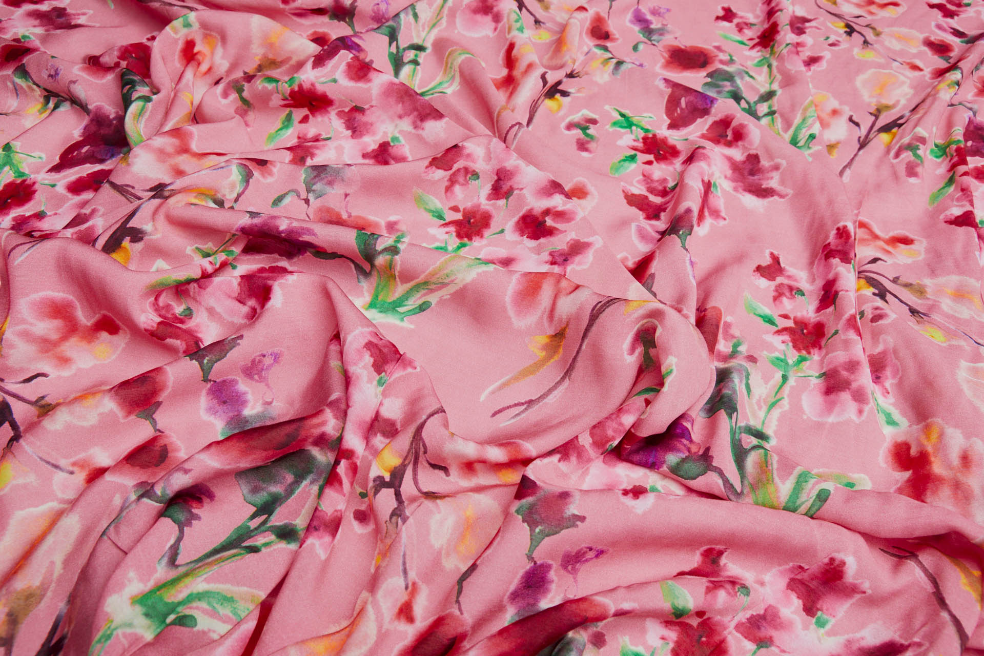 Floral Printed Silk Cotton Blend - Pink w/ Red and Green fabric