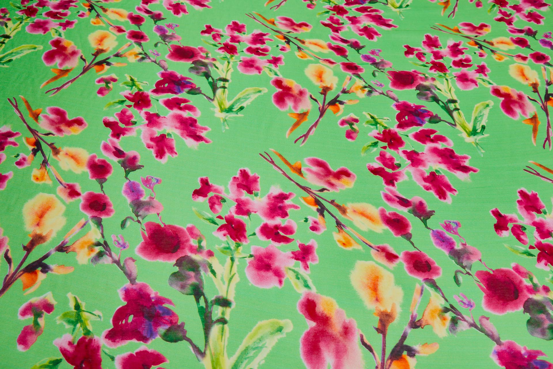 Floral Printed Silk Cotton Blend - Green w/ Pink, Purple, Yellow and Green fabric, image 8 of 8