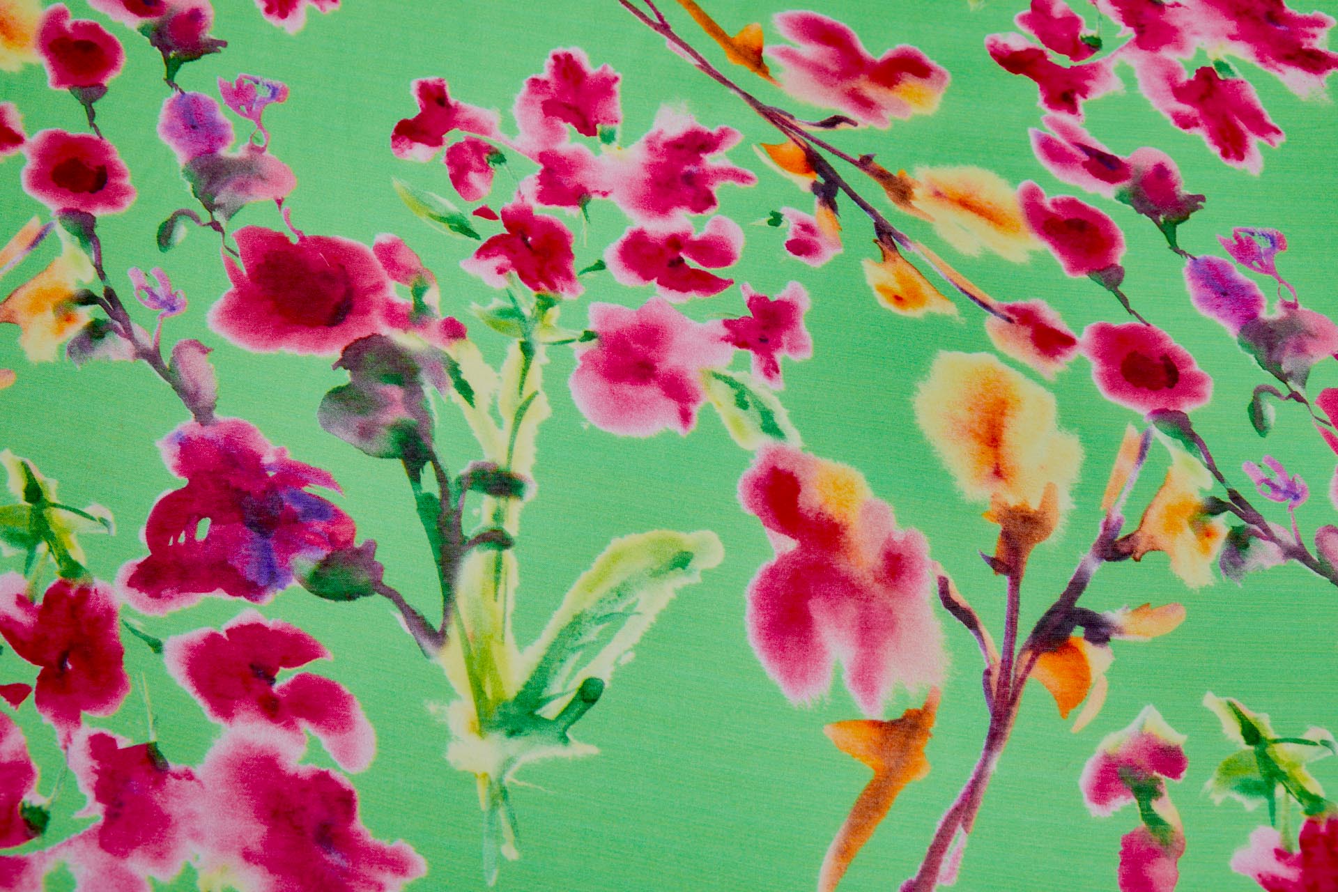 Floral Printed Silk Cotton Blend - Green w/ Pink, Purple, Yellow and Green fabric, image 3 of 8