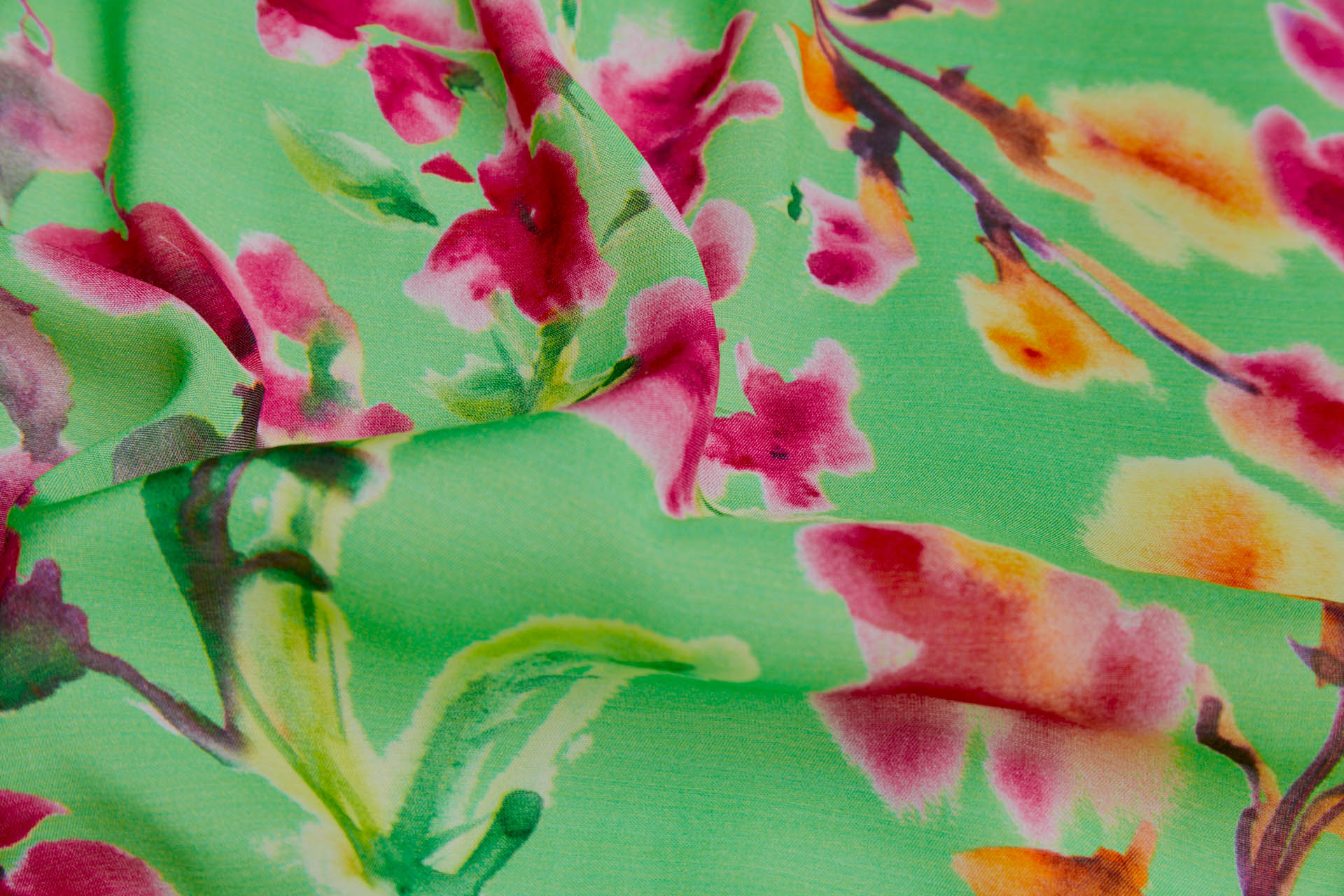 Floral Printed Silk Cotton Blend - Green w/ Pink, Purple, Yellow and Green fabric, image 4 of 8