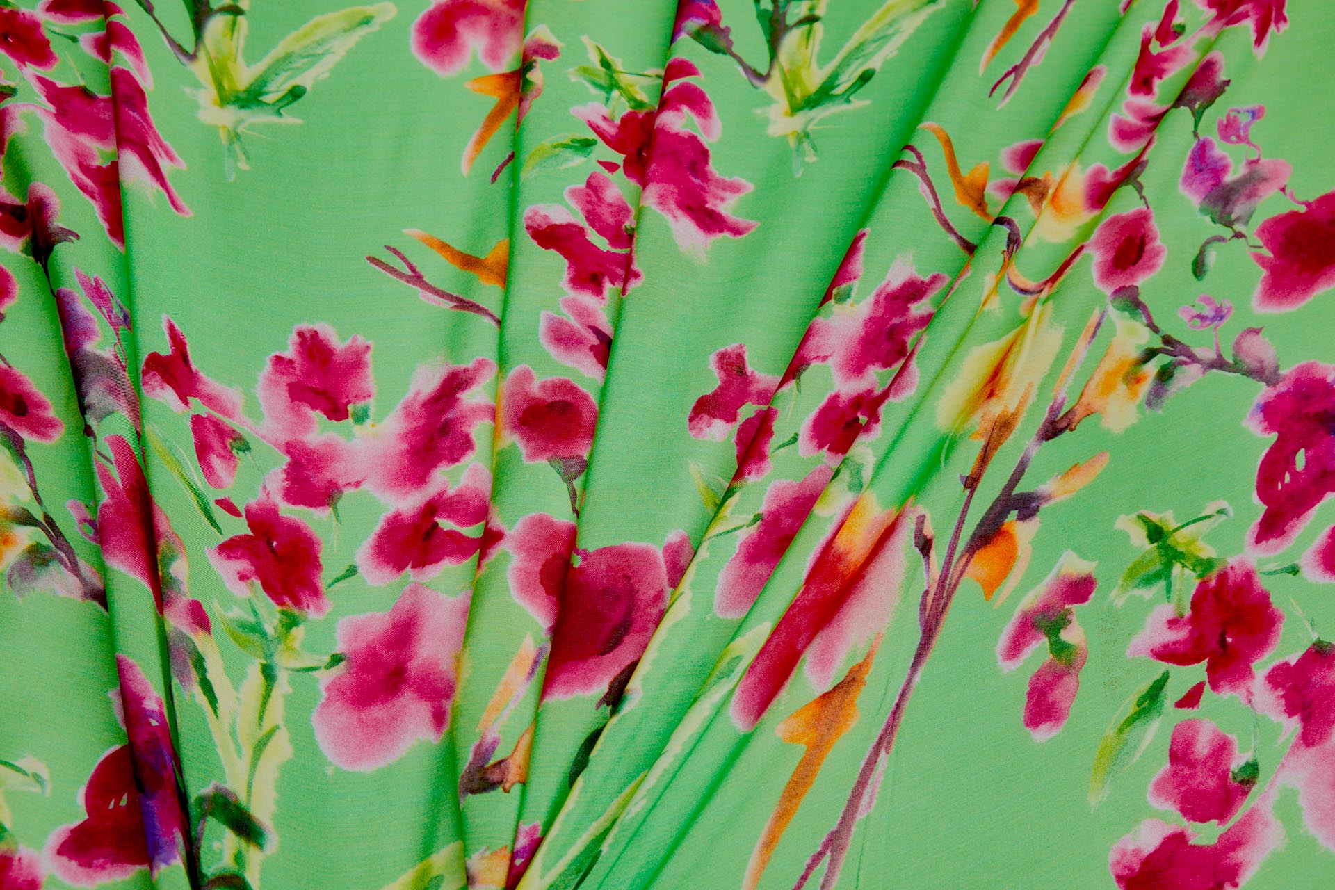 Floral Printed Silk Cotton Blend - Green w/ Pink, Purple, Yellow and Green fabric, image 5 of 8