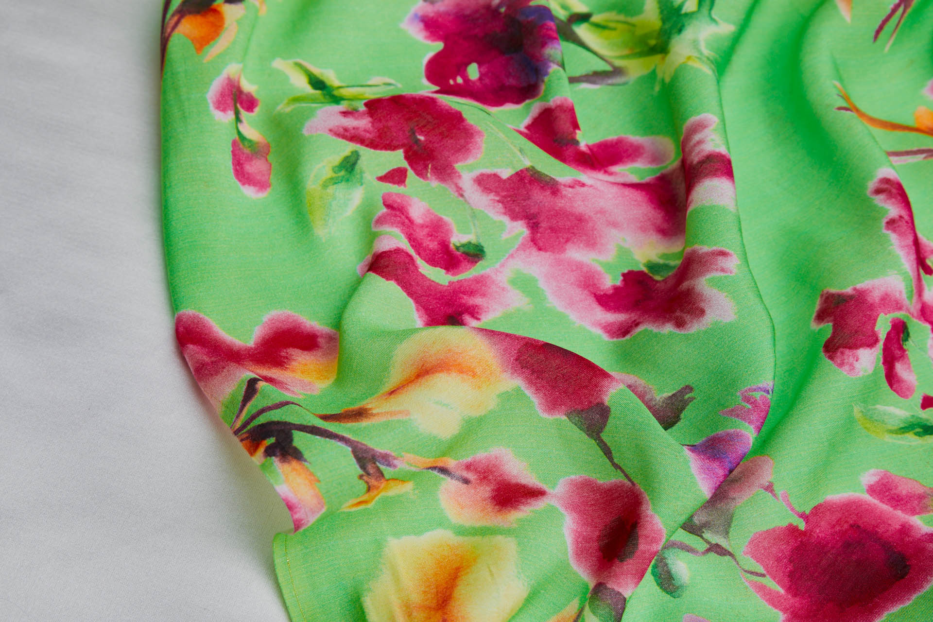 Floral Printed Silk Cotton Blend - Green w/ Pink, Purple, Yellow and Green fabric, image 6 of 8