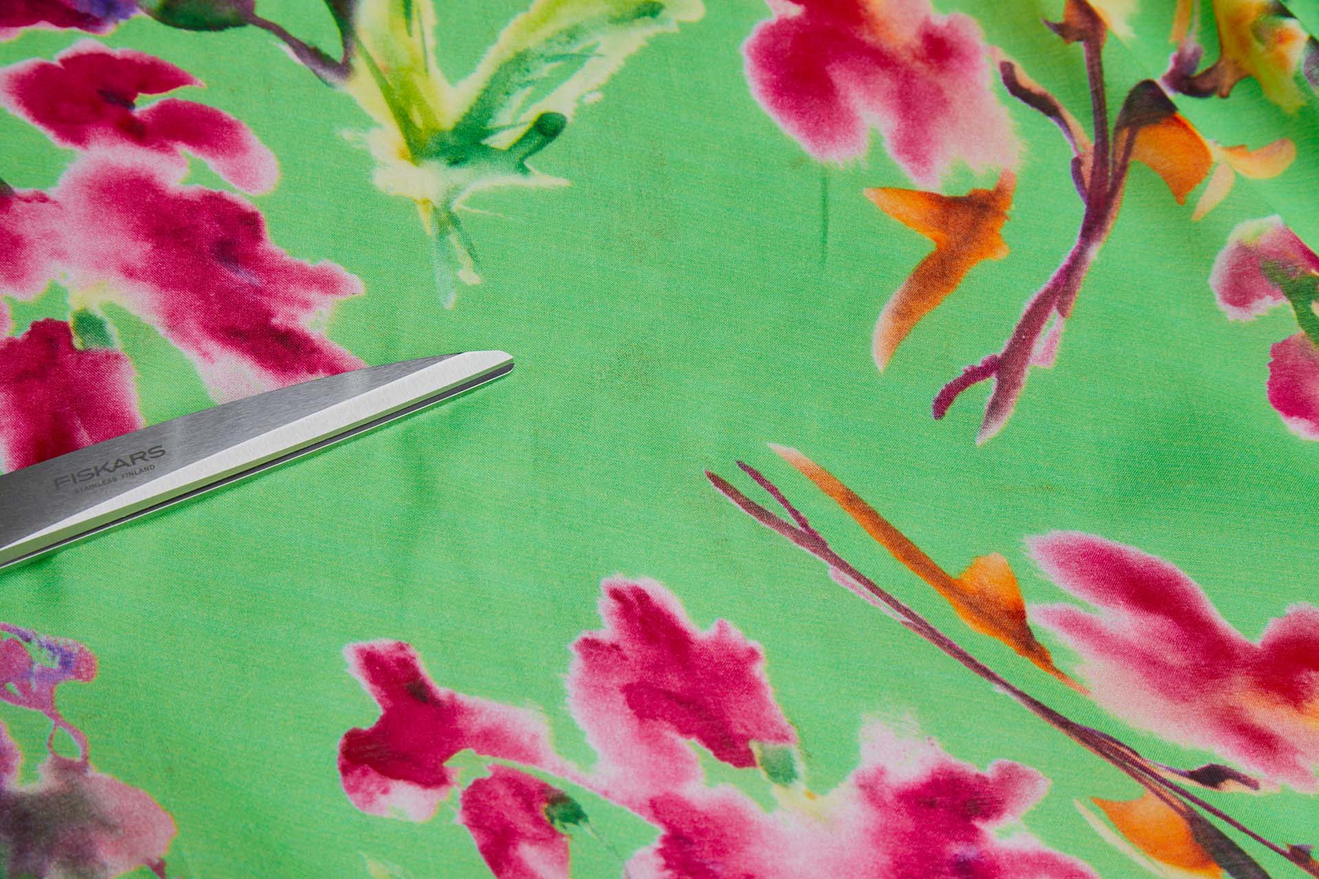 Floral Printed Silk Cotton Blend - Green w/ Pink, Purple, Yellow and Green fabric, image 7 of 8