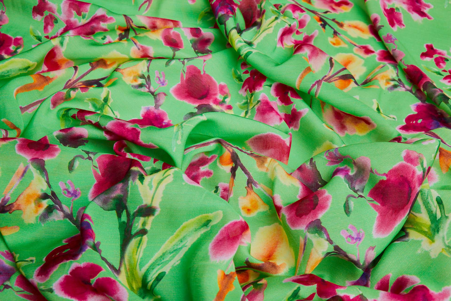 Floral Printed Silk Cotton Blend - Green w/ Pink, Purple, Yellow and Green fabric
