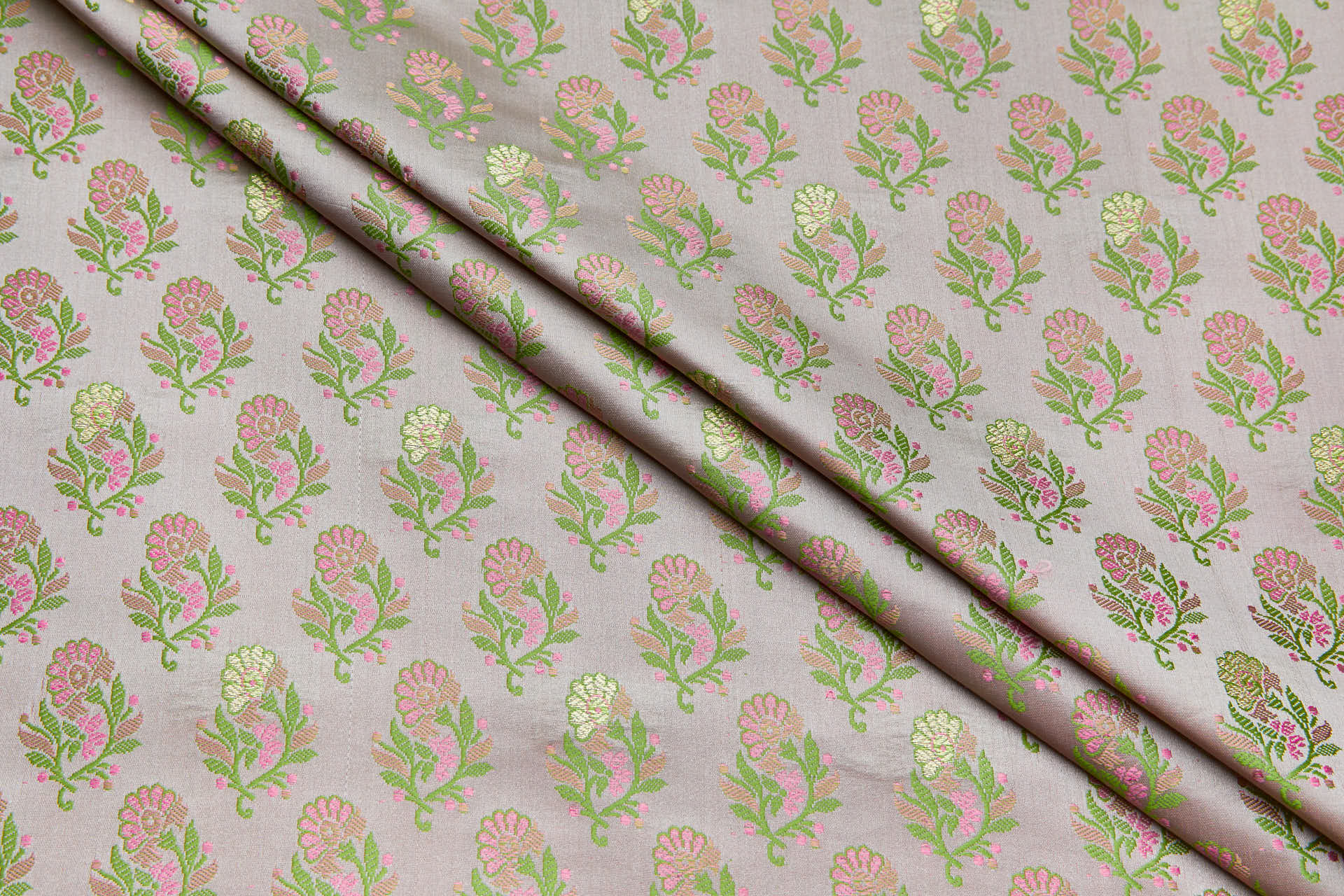 Soft Banaras Brocade - Grey, Pink and Green fabric, image 3 of 7