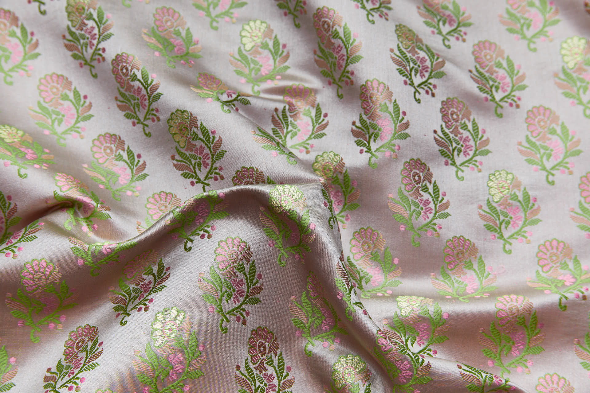 Soft Banaras Brocade - Grey, Pink and Green fabric, image 2 of 7