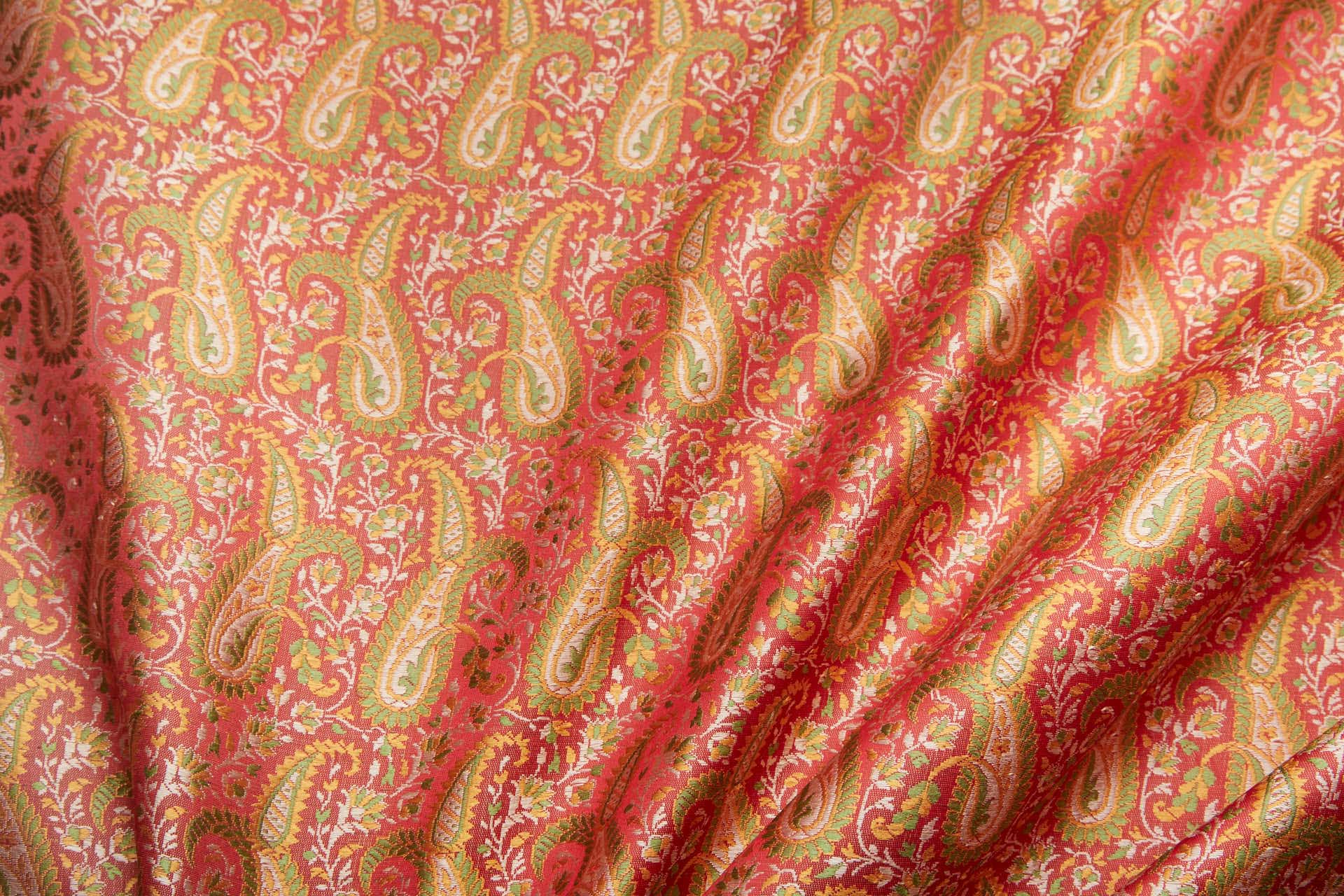 Banaras Brocade - Large Red Green and Yellow Paisley fabric, image 4 of 11