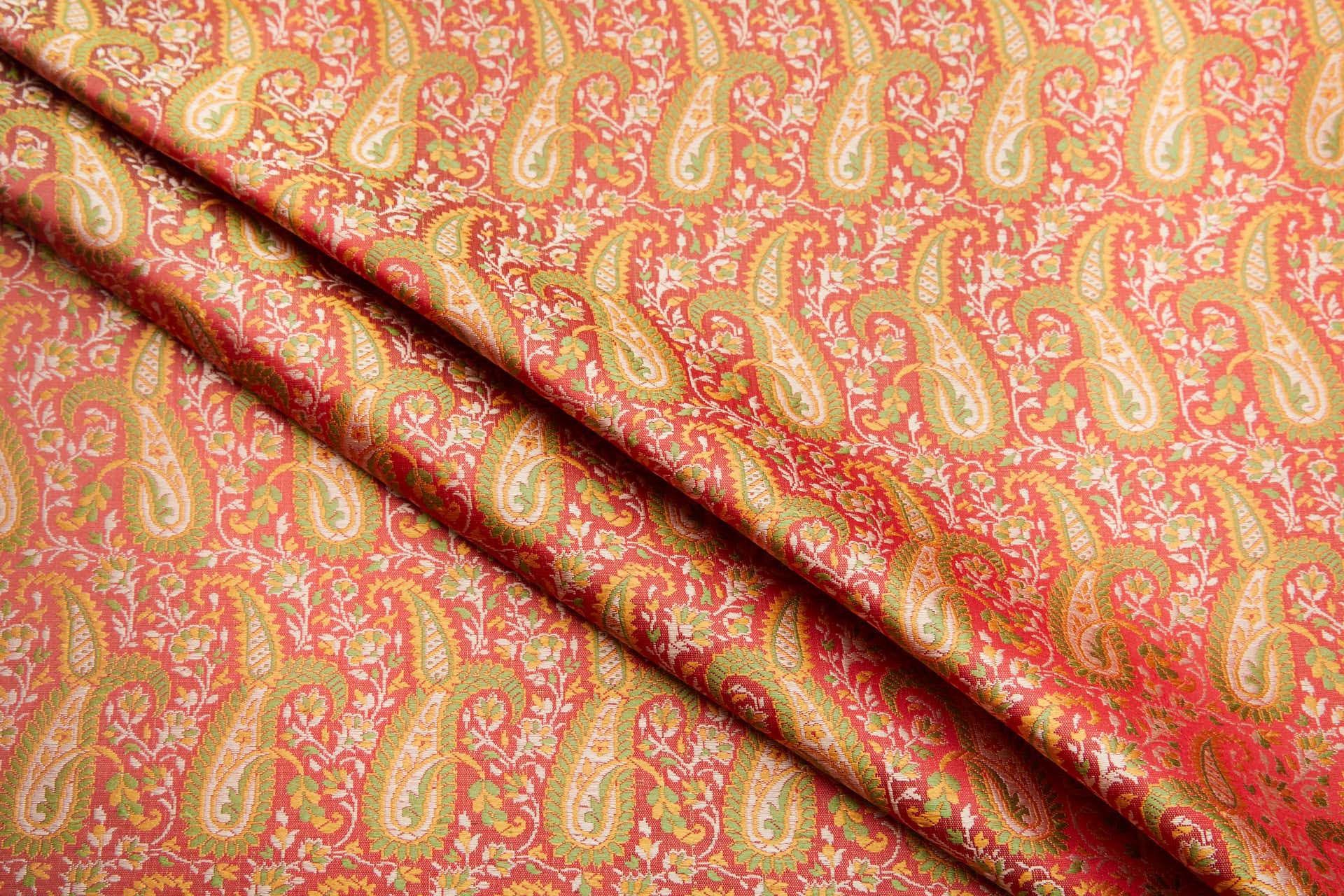 Banaras Brocade - Large Red Green and Yellow Paisley fabric, image 5 of 11