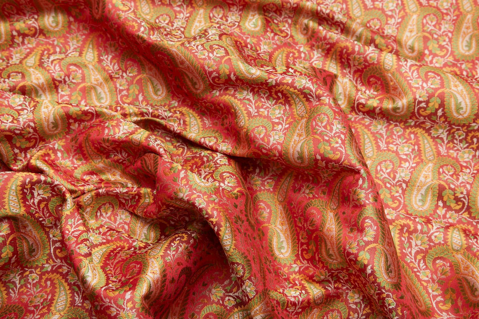 Banaras Brocade - Large Red Green and Yellow Paisley fabric, image 6 of 11