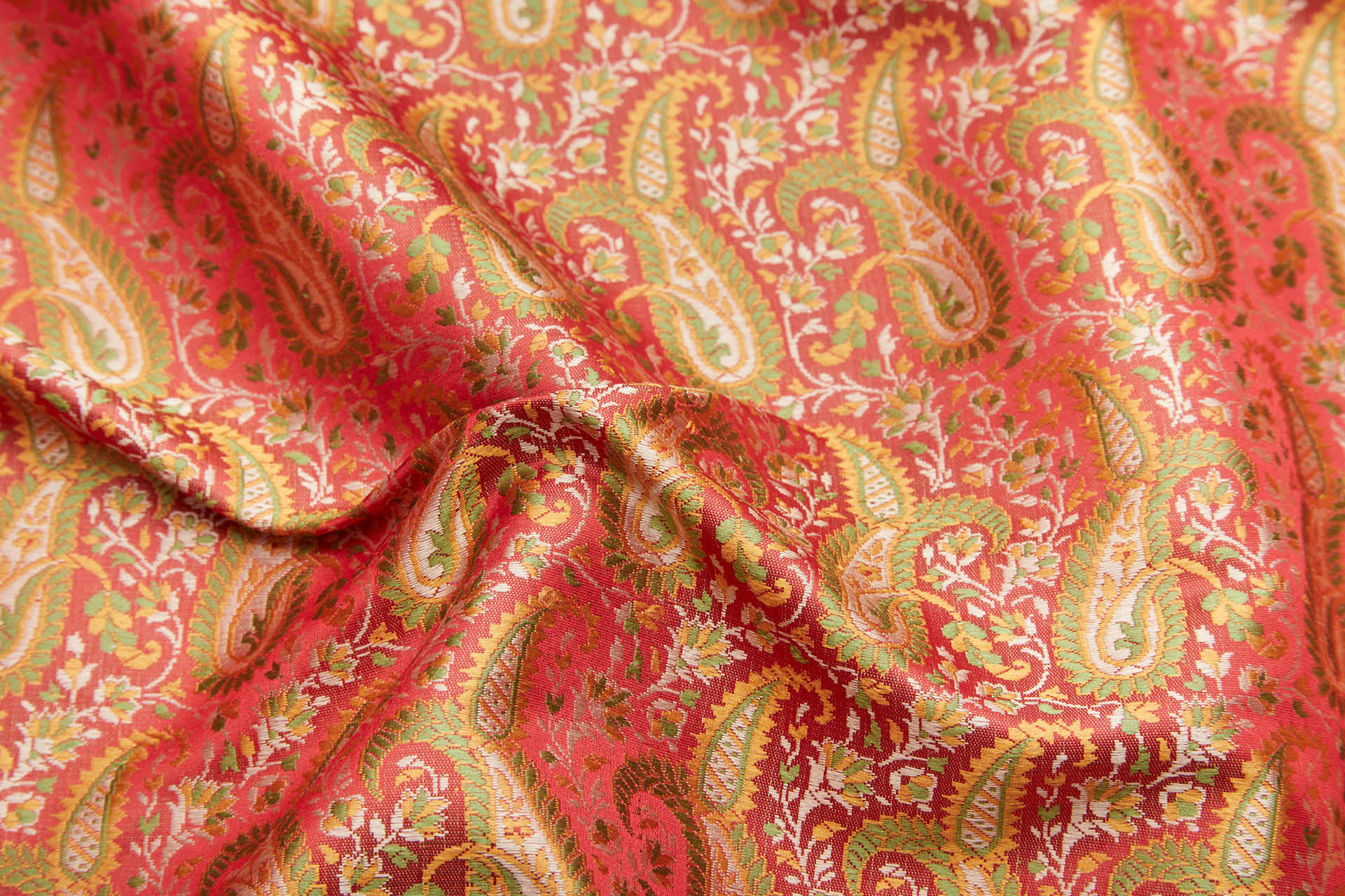 Banaras Brocade - Large Red Green and Yellow Paisley fabric, image 2 of 11