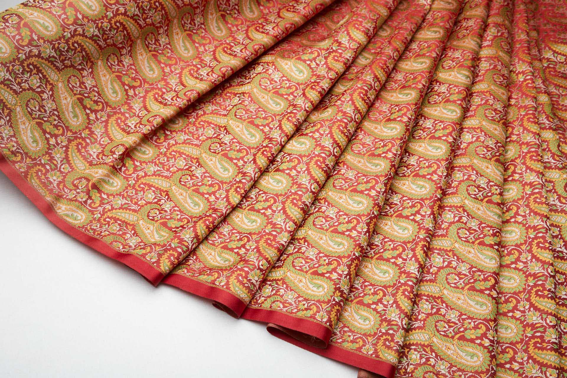 Banaras Brocade - Large Red Green and Yellow Paisley fabric