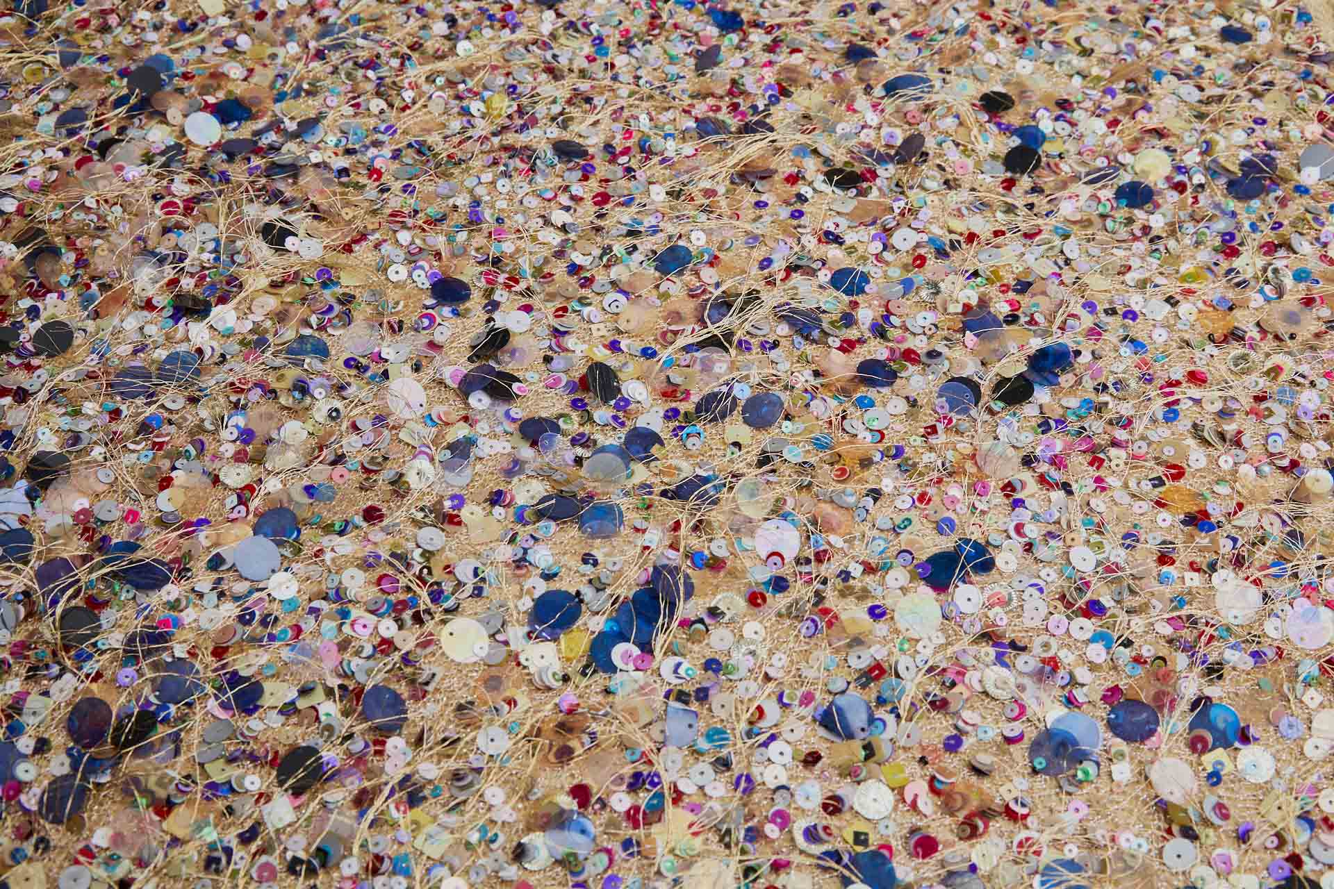 Playful Multi Sequin with Gold Thread Tufts on Straw Gold Mesh fabric, image 6 of 6