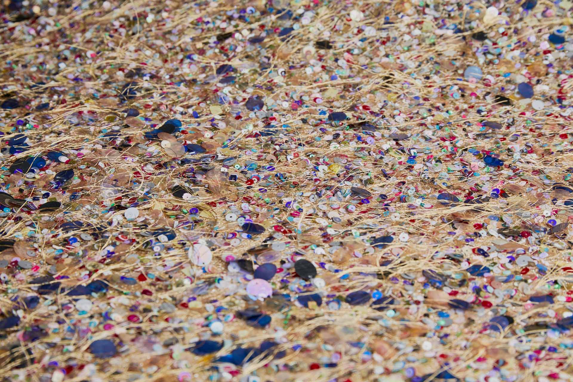 Playful Multi Sequin with Gold Thread Tufts on Straw Gold Mesh fabric, image 3 of 6