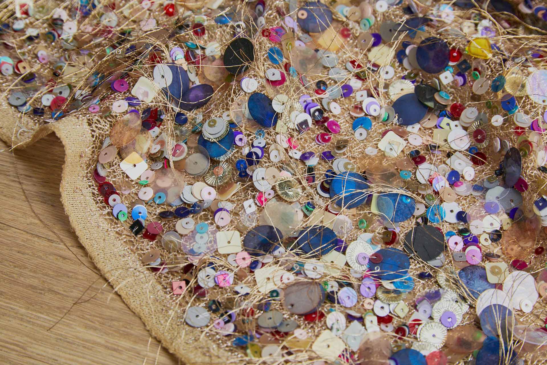 Playful Multi Sequin with Gold Thread Tufts on Straw Gold Mesh fabric, image 4 of 6