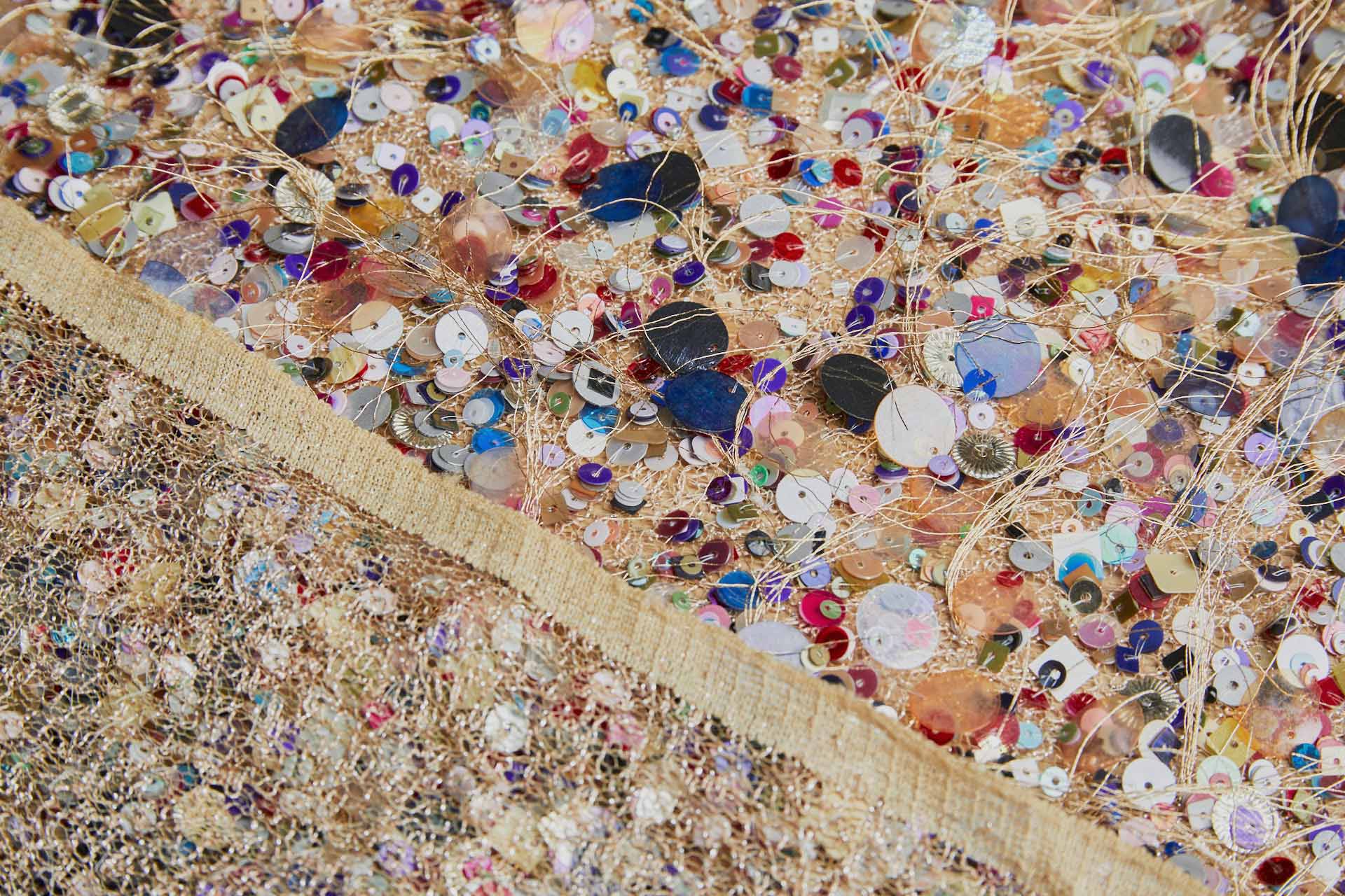 Playful Multi Sequin with Gold Thread Tufts on Straw Gold Mesh fabric, image 5 of 6