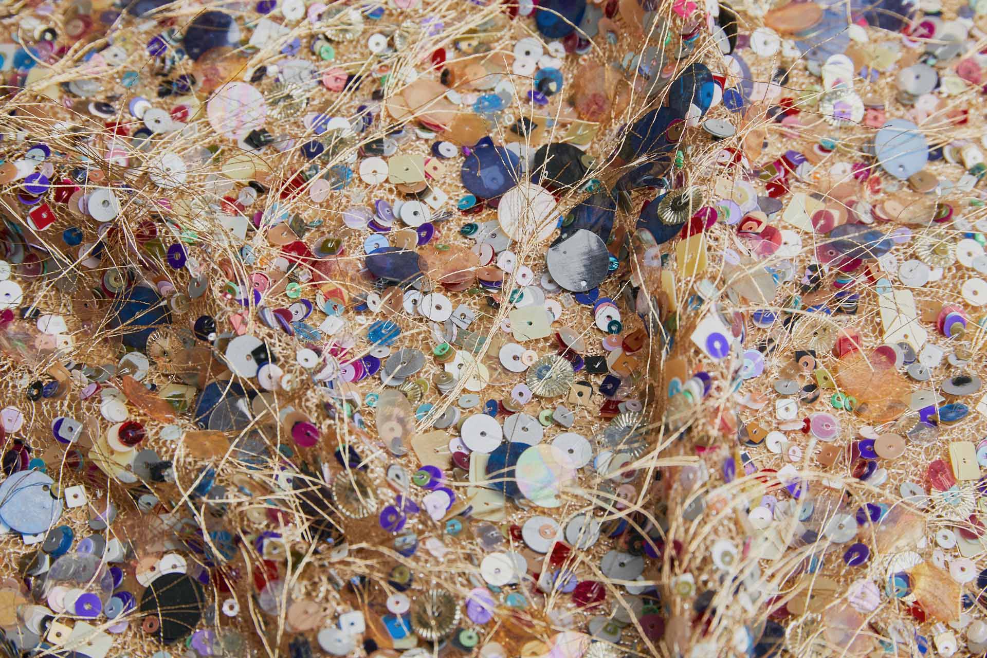 Playful Multi Sequin with Gold Thread Tufts on Straw Gold Mesh fabric