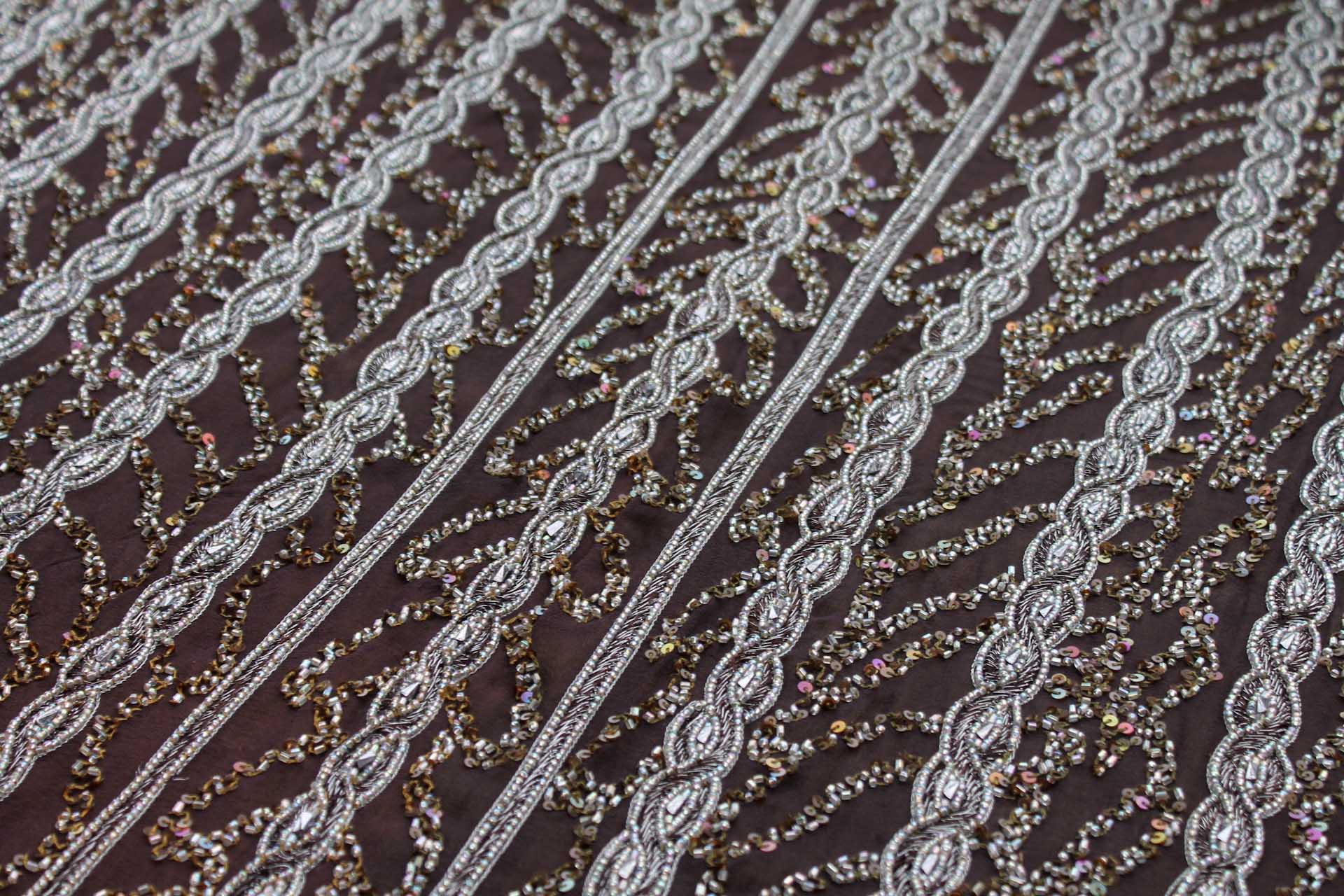 Brown Chiffon with Silver Embroidery and Beading in a Twist Plait Pattern fabric, image 2 of 6