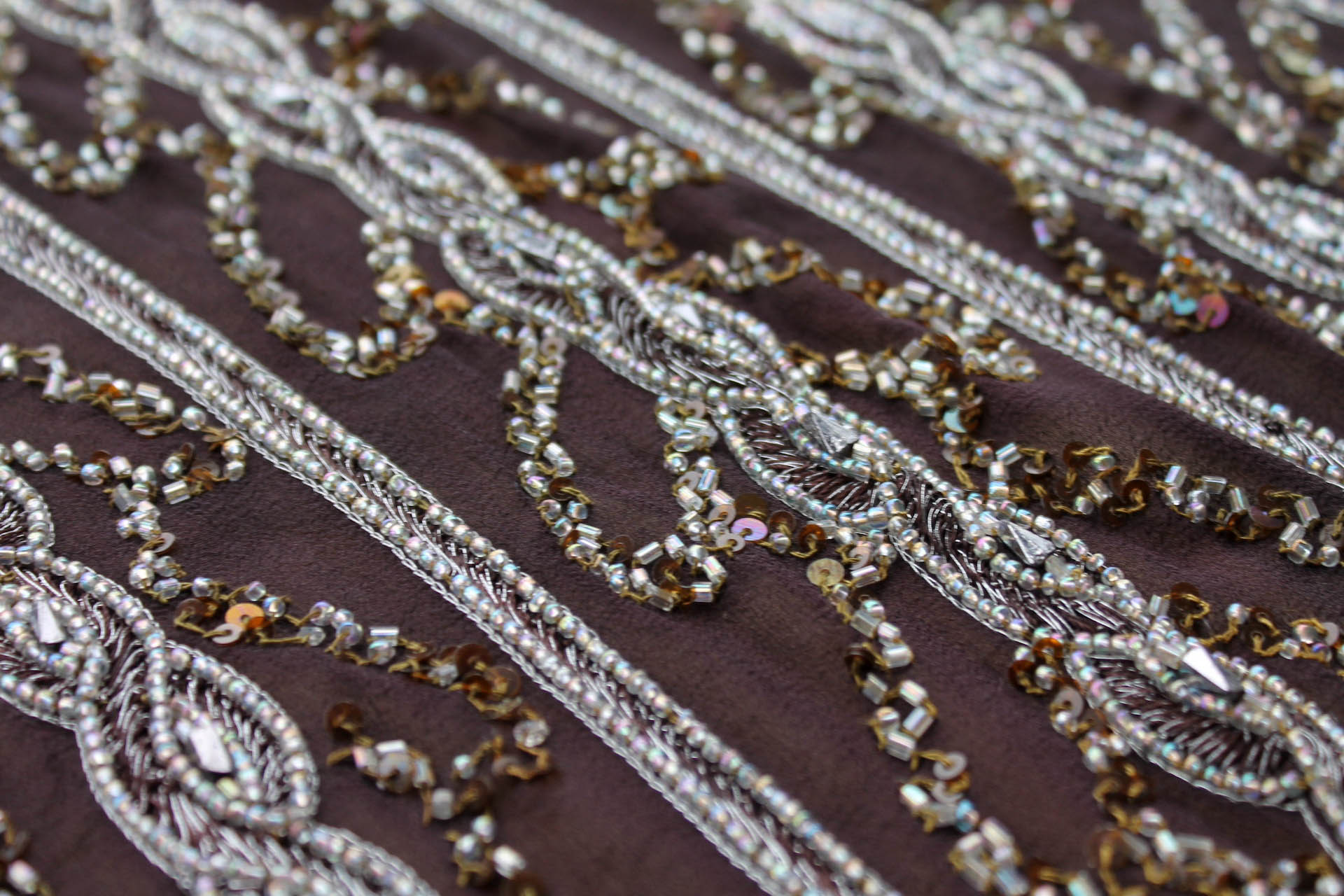 Brown Chiffon with Silver Embroidery and Beading in a Twist Plait Pattern fabric, image 3 of 6