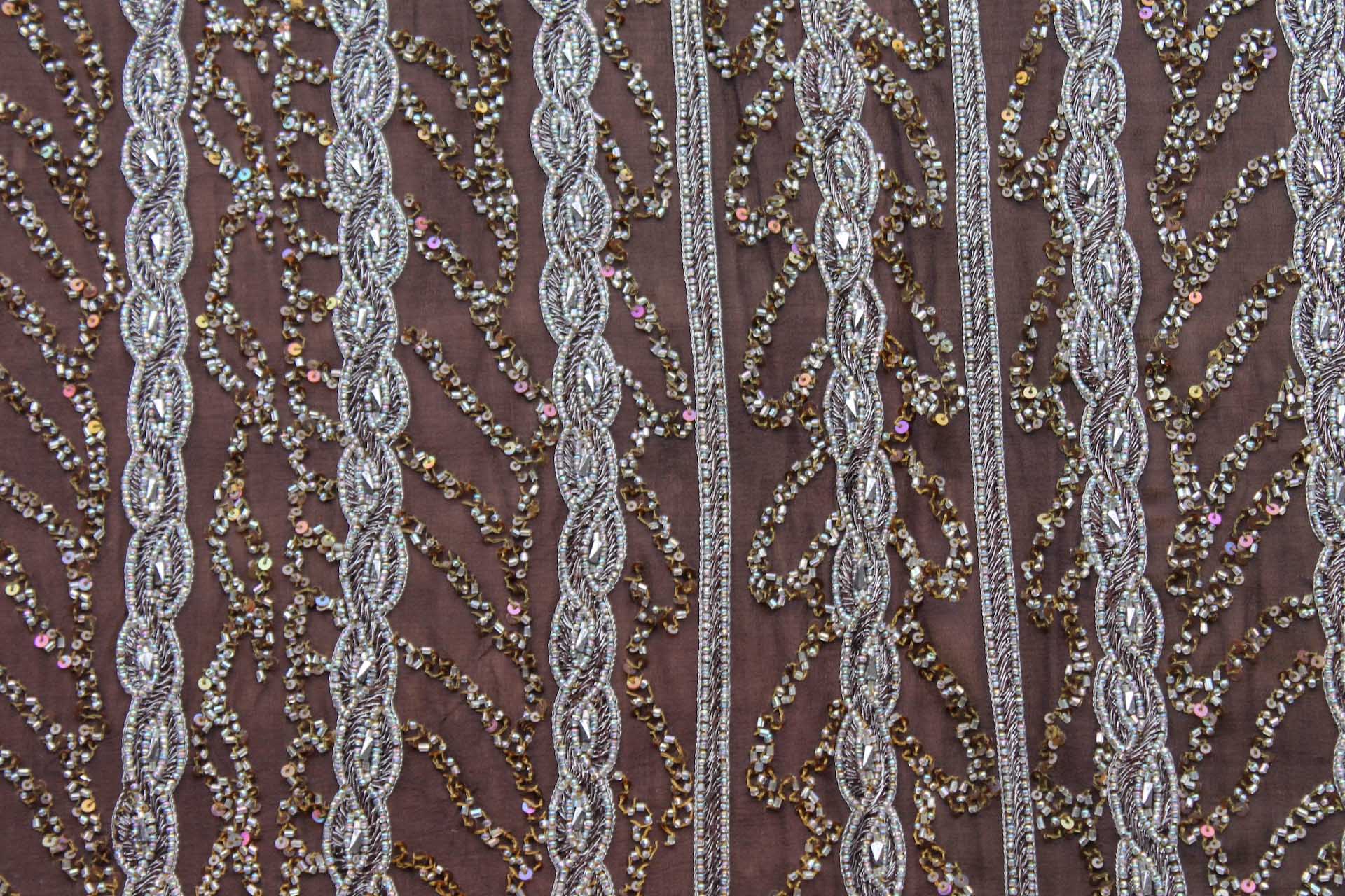 Brown Chiffon with Silver Embroidery and Beading in a Twist Plait Pattern fabric, image 5 of 6