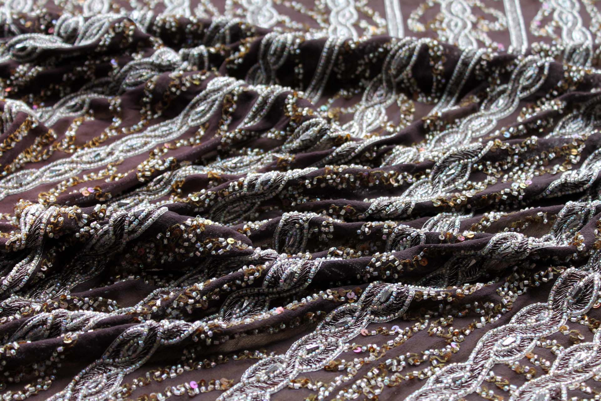Brown Chiffon with Silver Embroidery and Beading in a Twist Plait Pattern fabric, image 6 of 6