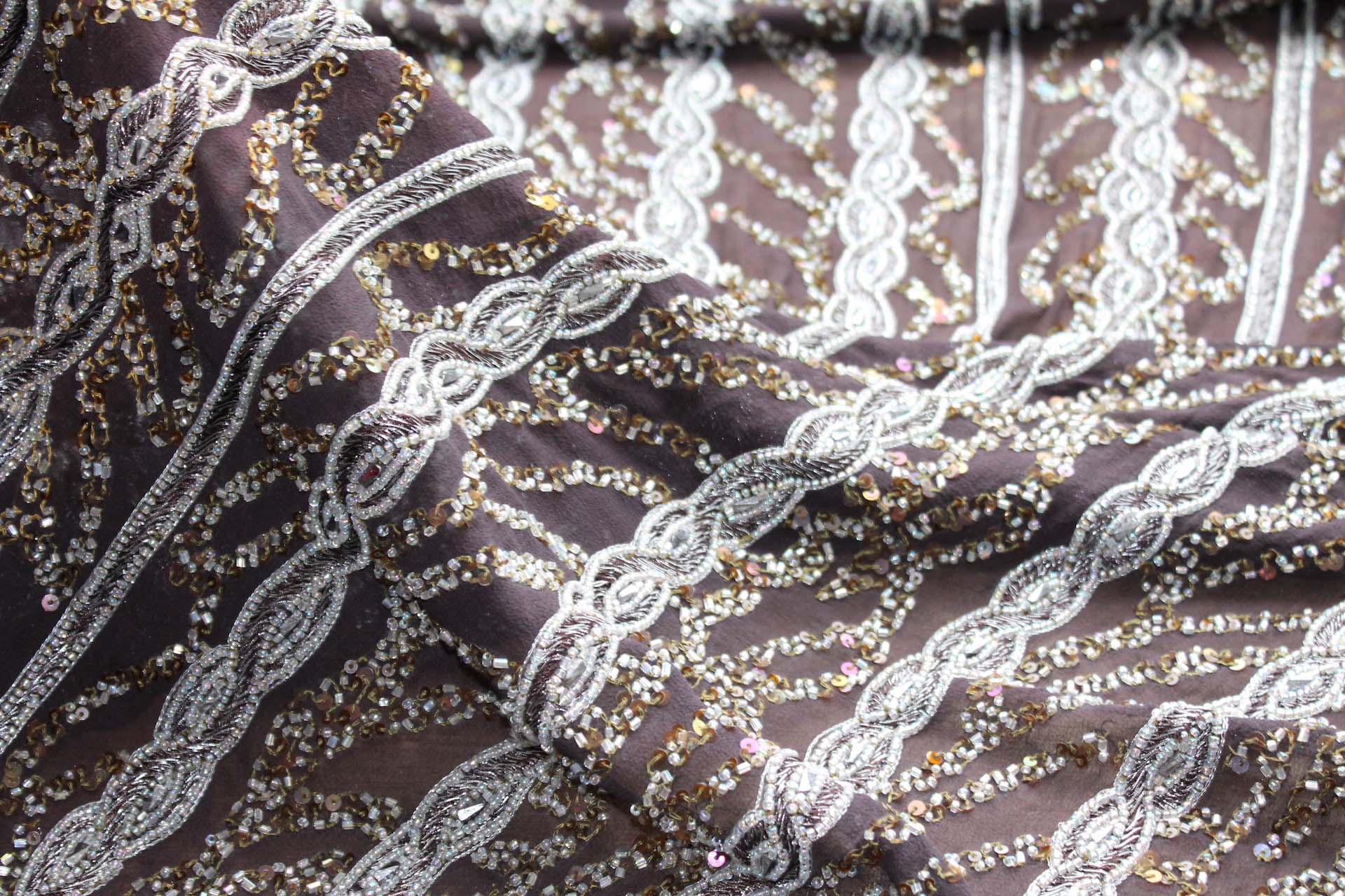 Brown Chiffon with Silver Embroidery and Beading in a Twist Plait Pattern fabric