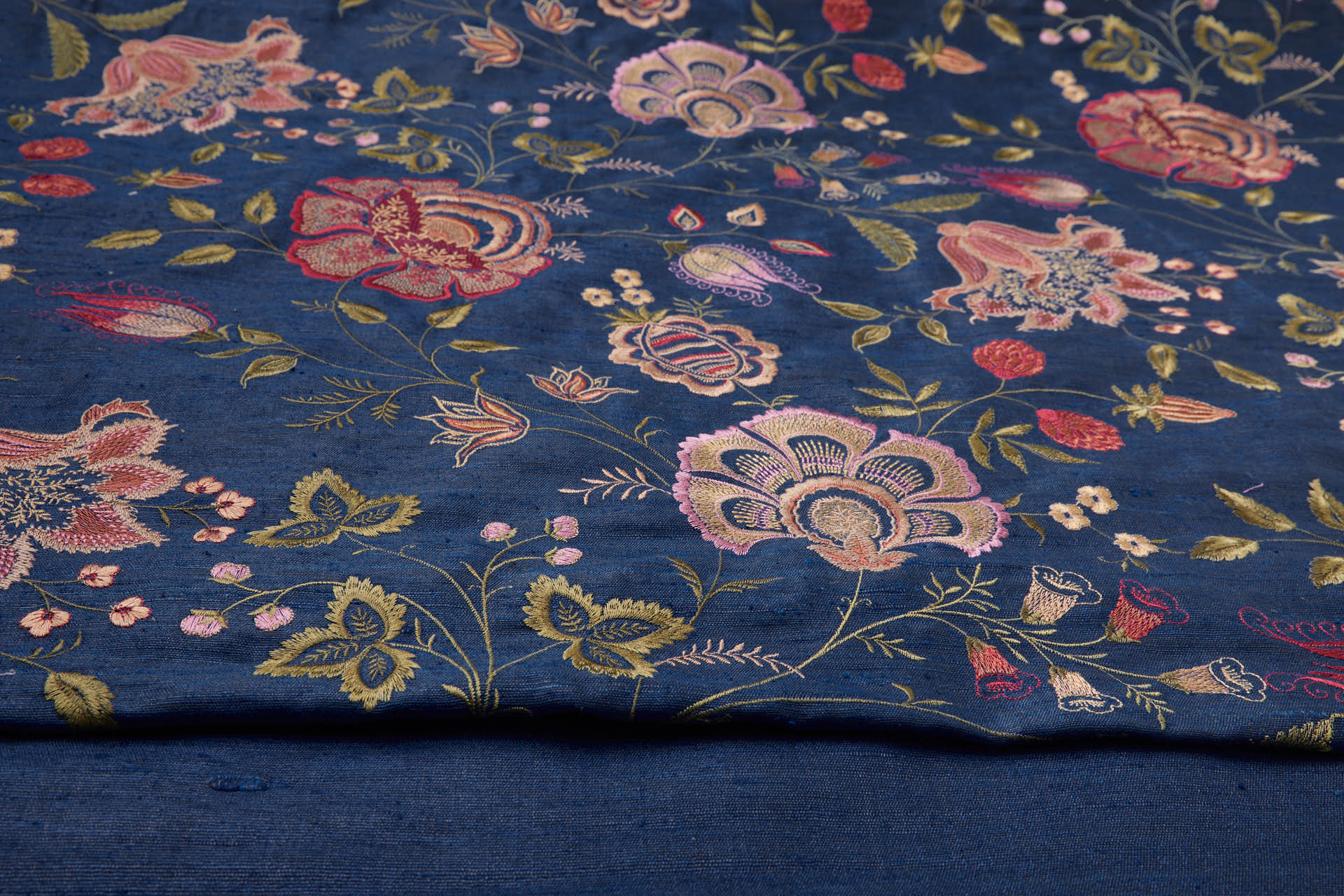 Marine Textured Raw Silk with Floral Embroidery fabric, image 2 of 12