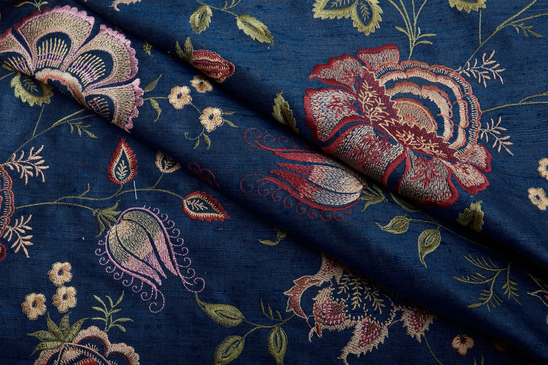 Marine Textured Raw Silk with Floral Embroidery fabric, image 3 of 12