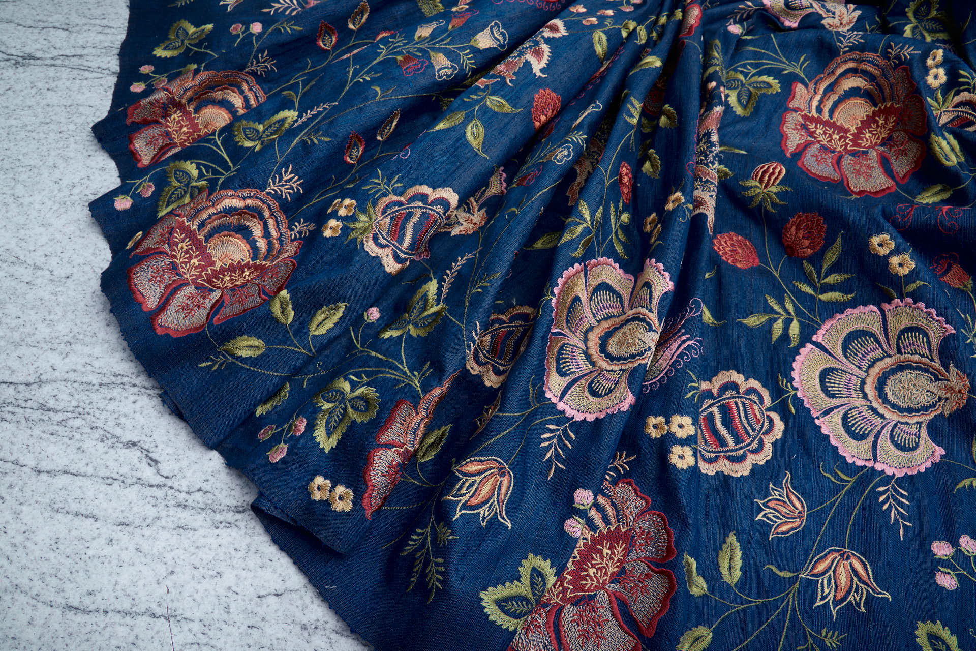 Marine Textured Raw Silk with Floral Embroidery fabric, image 4 of 12