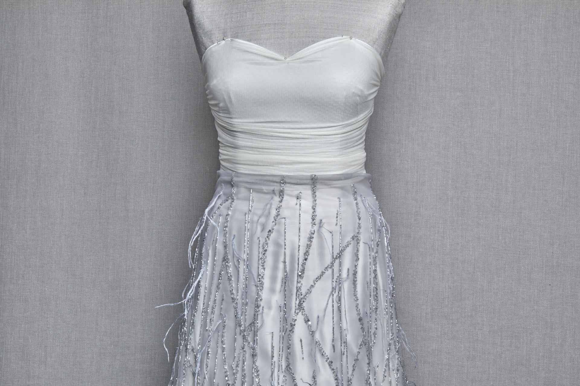Beaded and Sequinned Nylon Tulle with Tassle Strings of Beads - Pale Grey fabric, image 7 of 7