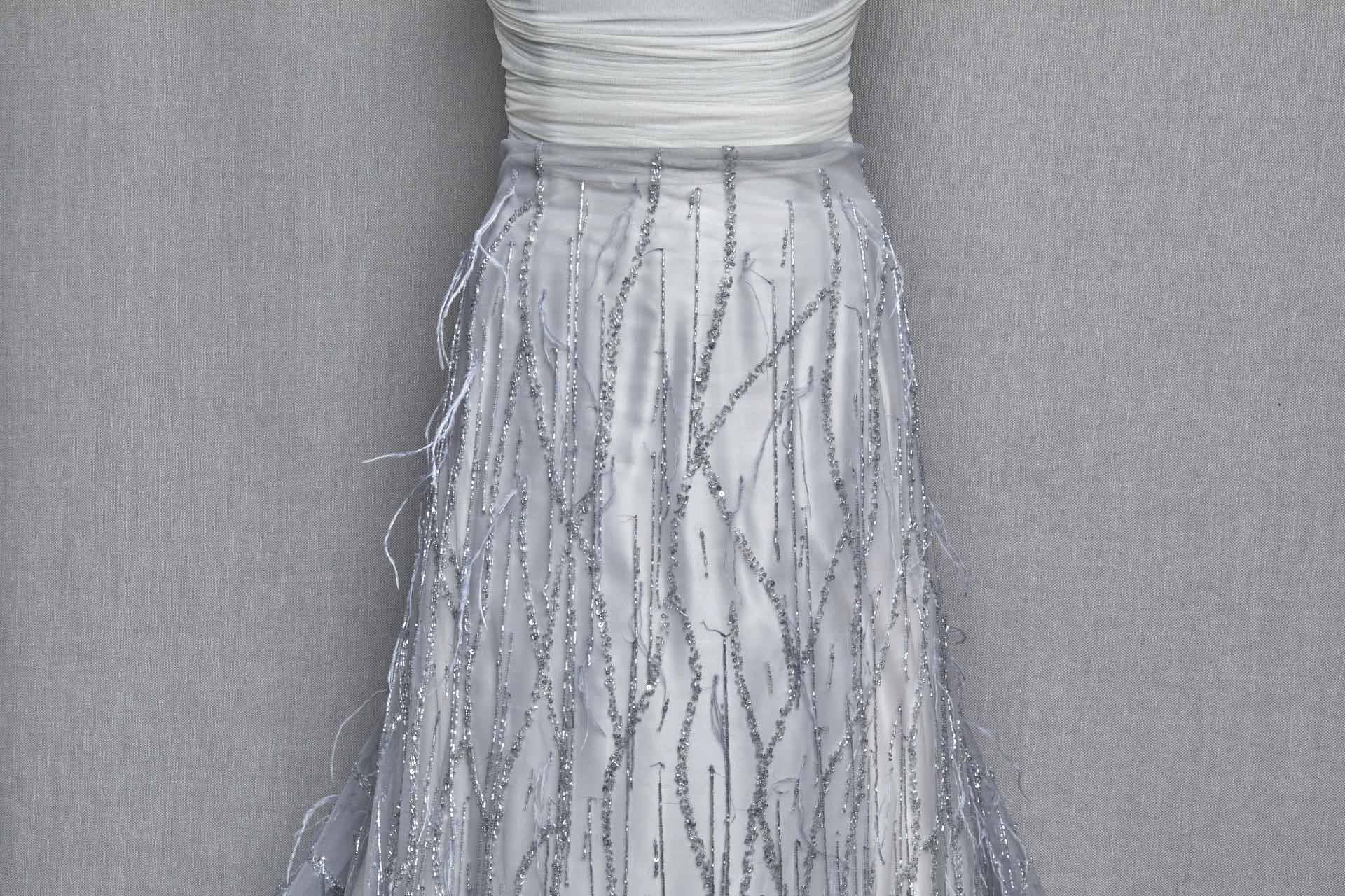 Beaded and Sequinned Nylon Tulle with Tassle Strings of Beads - Pale Grey fabric, image 2 of 7
